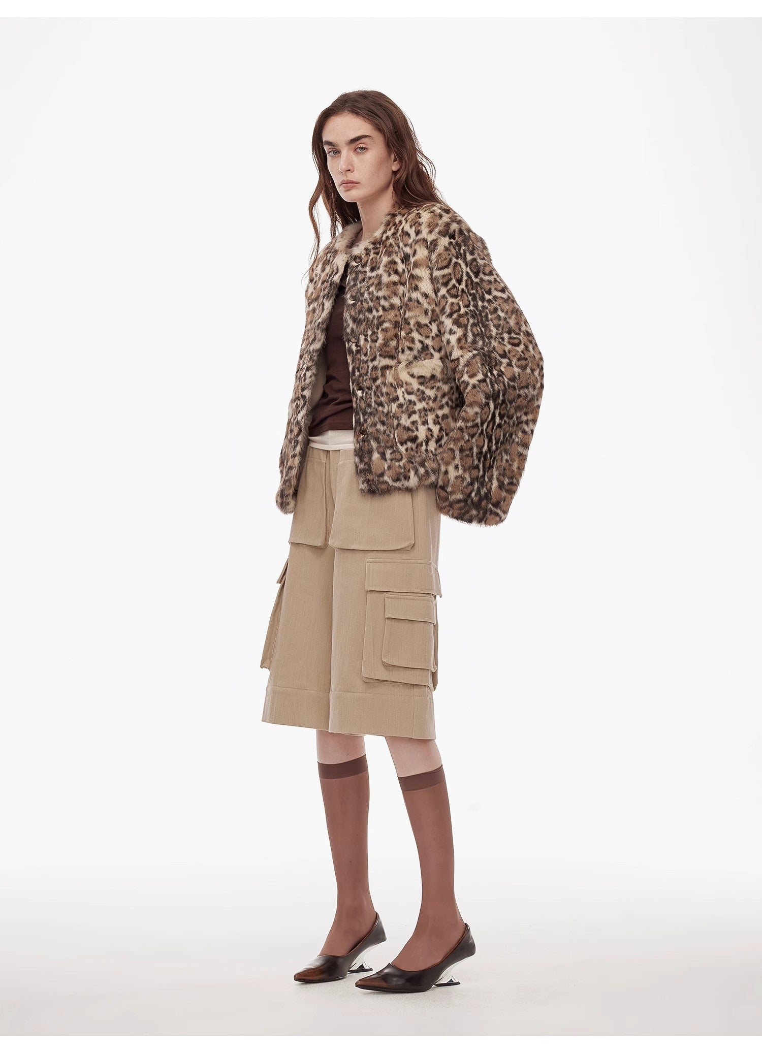 "Leopard Print Guide" Round Neck Leopard Print Rabbit Fur Jacket