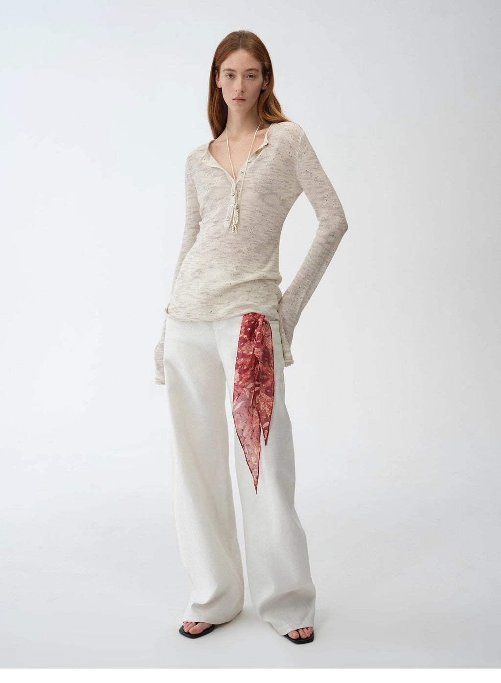 "Perry Moonlight" Cotton and Linen Beaded Knitted Top