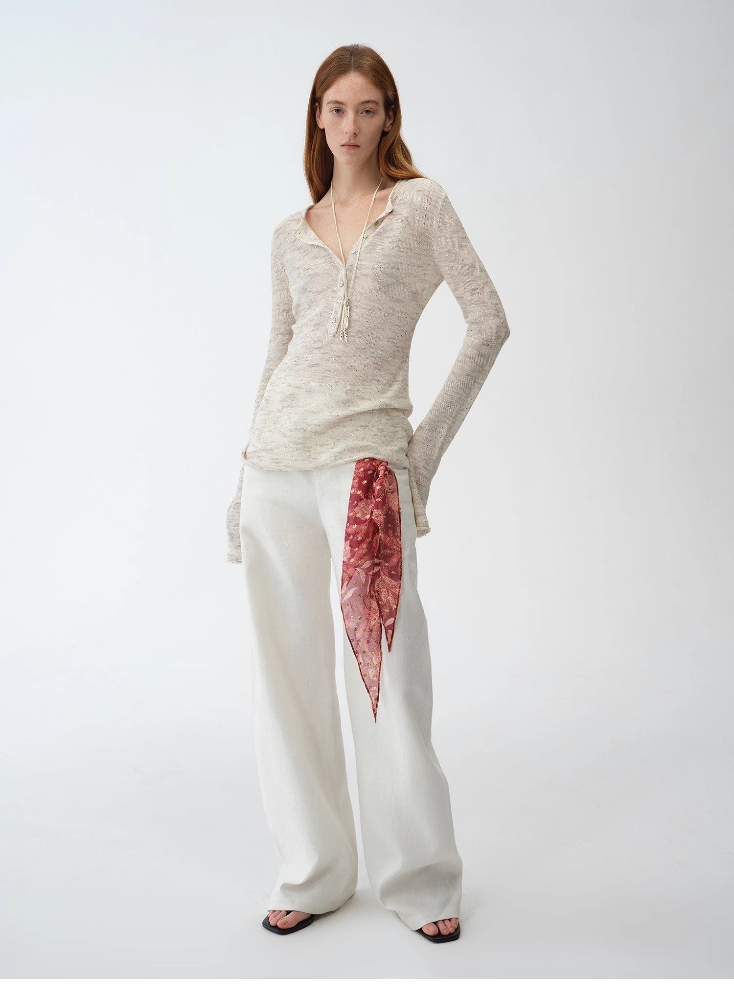 "Perry Moonlight" Cotton and Linen Beaded Knitted Top