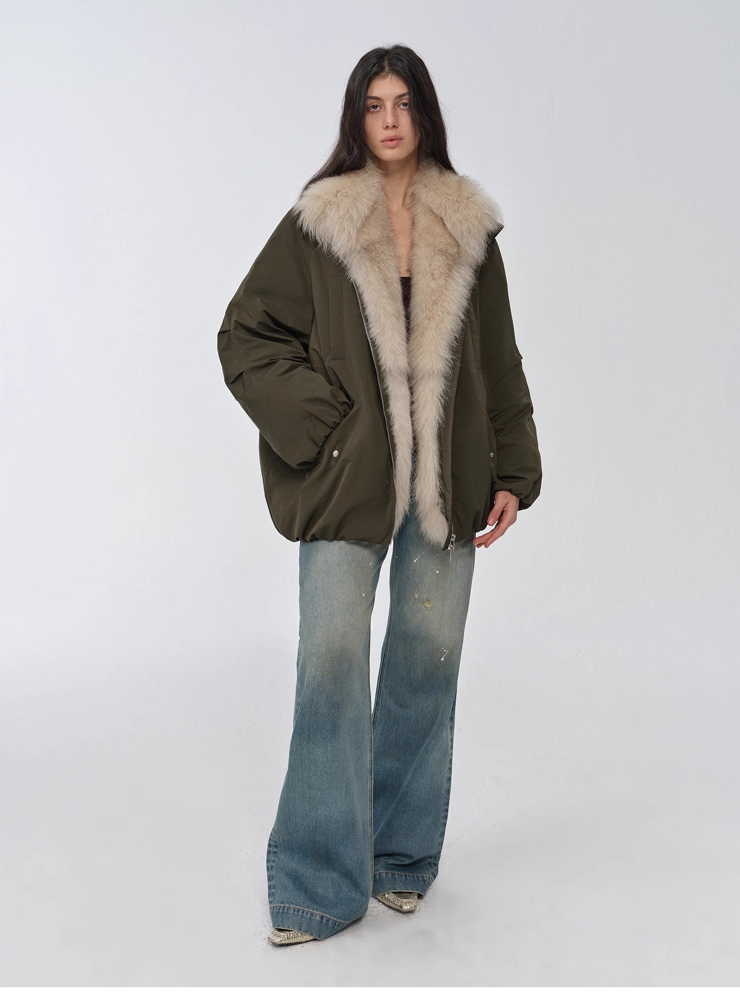 "Warm Dialogue" Two-Tone Fox Fur Collar Detachable Mid-Length Down Parka