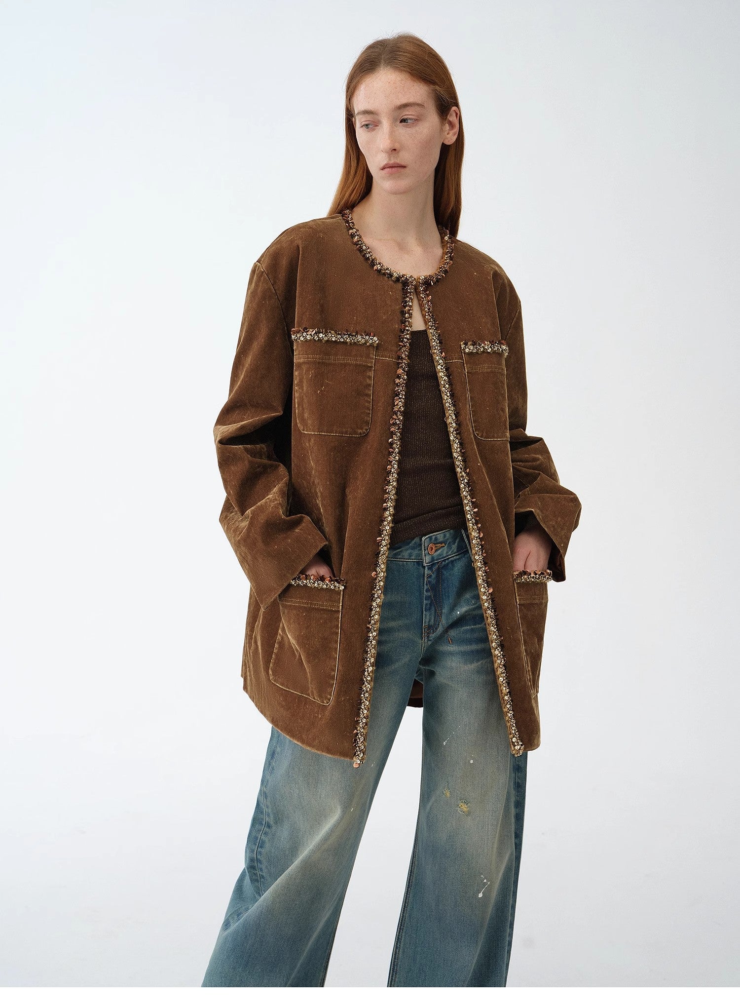 "Fragrant Encounter" Distressed Flocked Denim Jacket