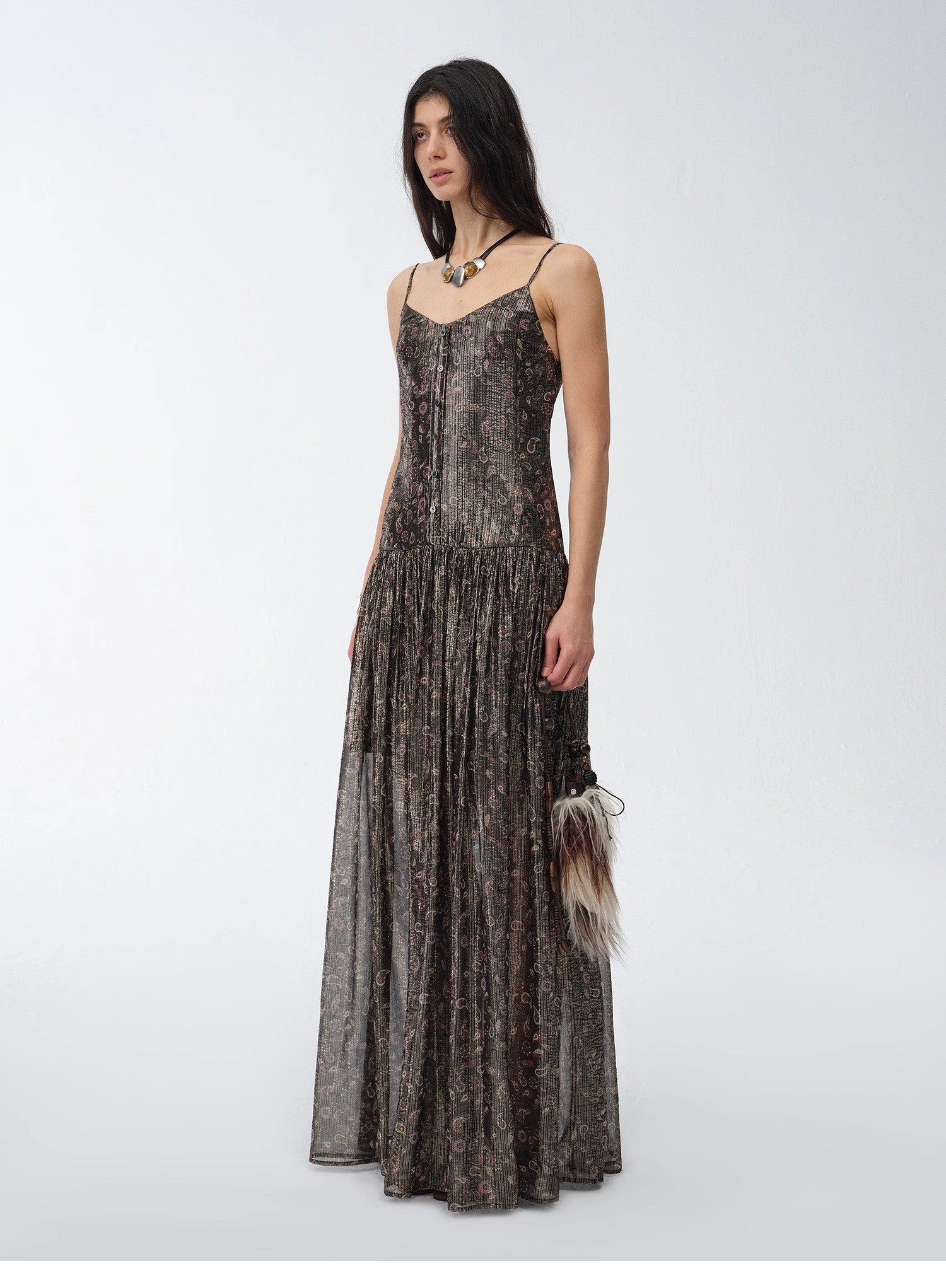 "Floating Lights" Paisley Print Silk Sling Dress