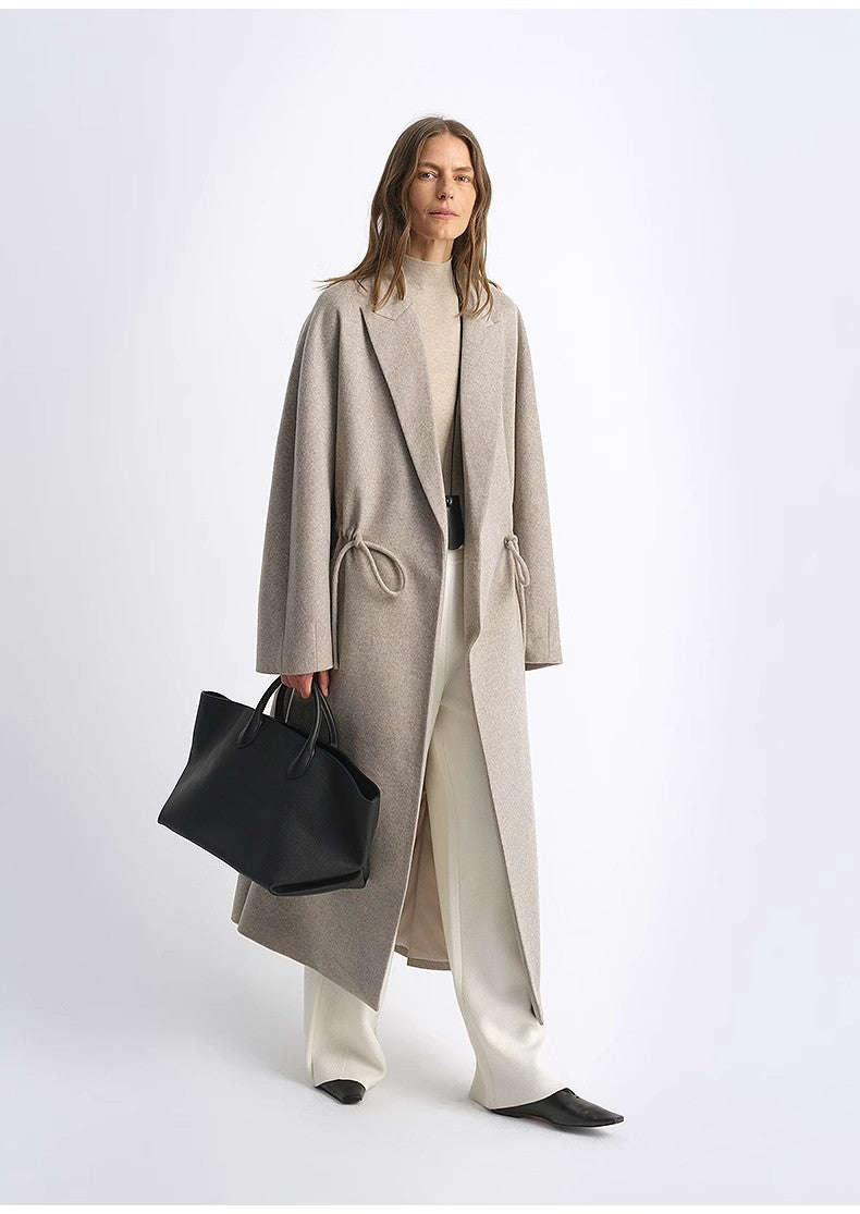 "Desert Heart" Women's Original Color Peaked Lapel Drawstring Mid-Length Wool Coat