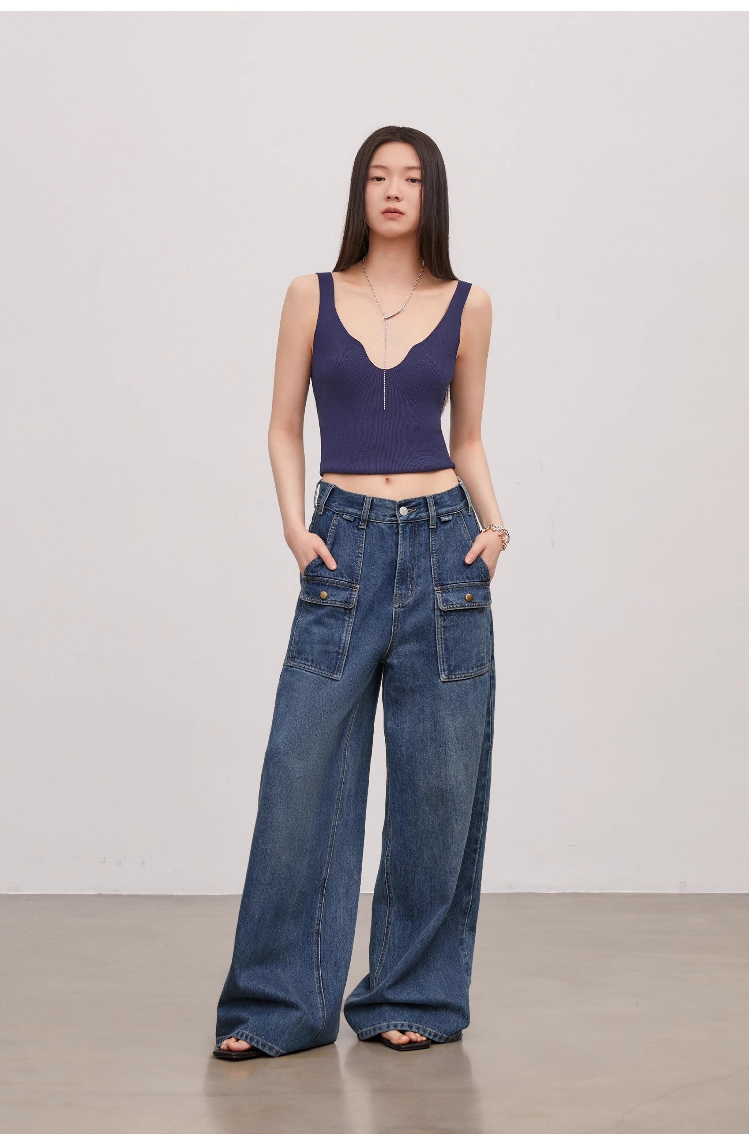 "Silent Deep Sea" Vintage Blue Straight-Leg Jeans