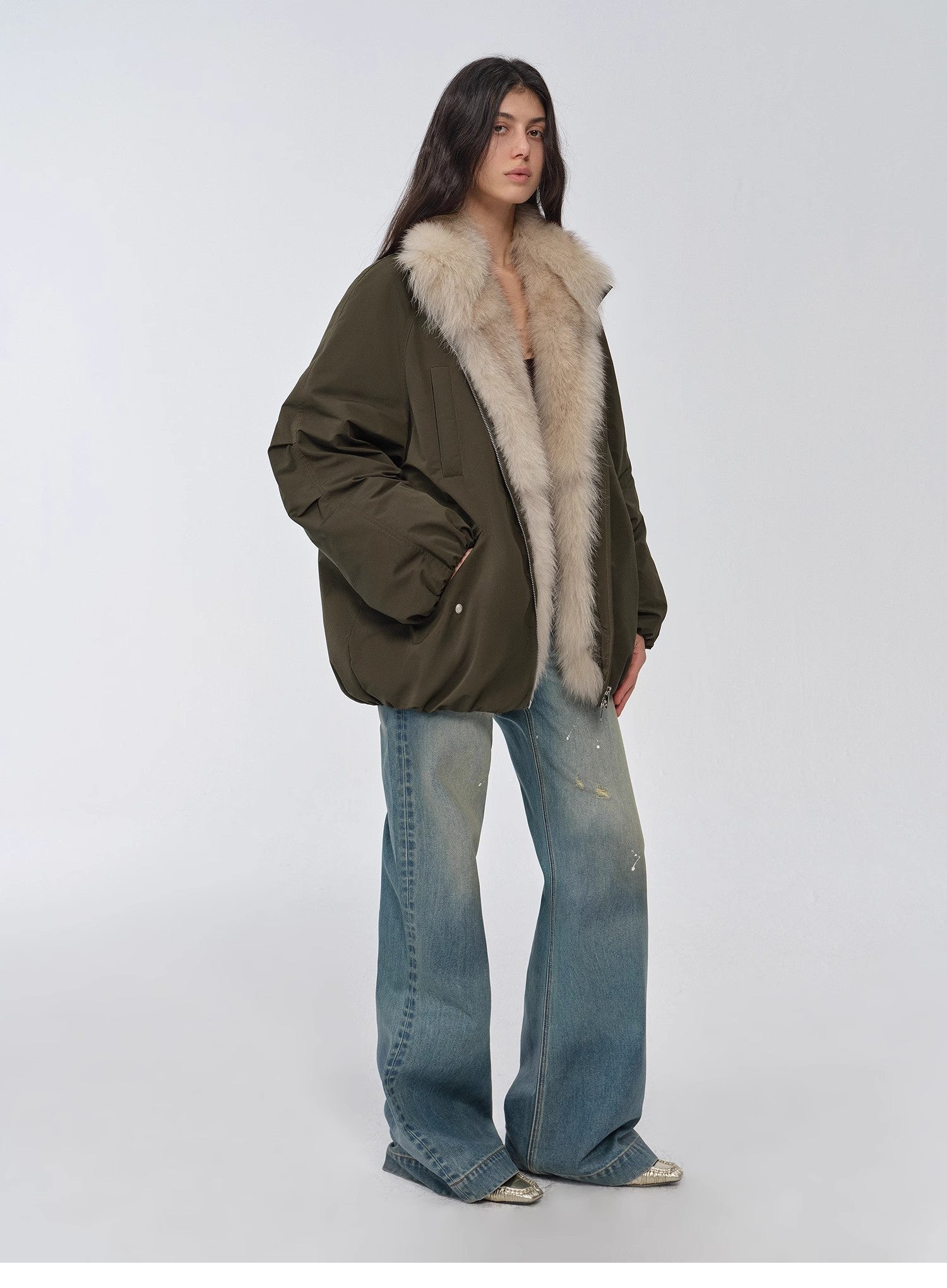 "Warm Dialogue" Two-Tone Fox Fur Collar Detachable Mid-Length Down Parka