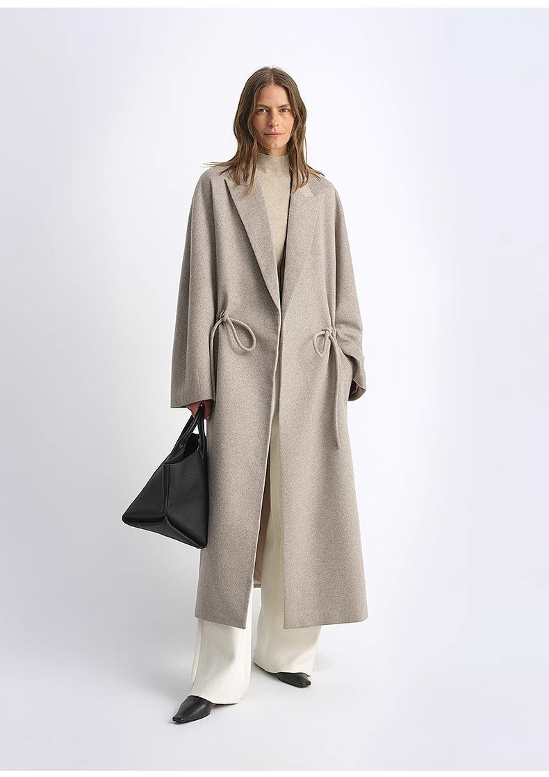 "Desert Heart" Women's Original Color Peaked Lapel Drawstring Mid-Length Wool Coat