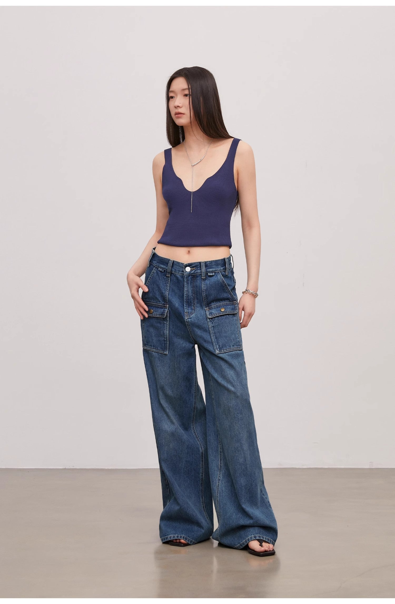 "Silent Deep Sea" Vintage Blue Straight-Leg Jeans