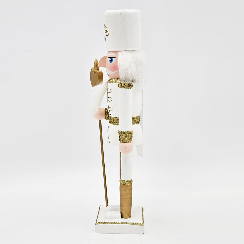 White & Gold Christmas Nutcracker Figurine – 14" Classic Wooden Holiday Decor
