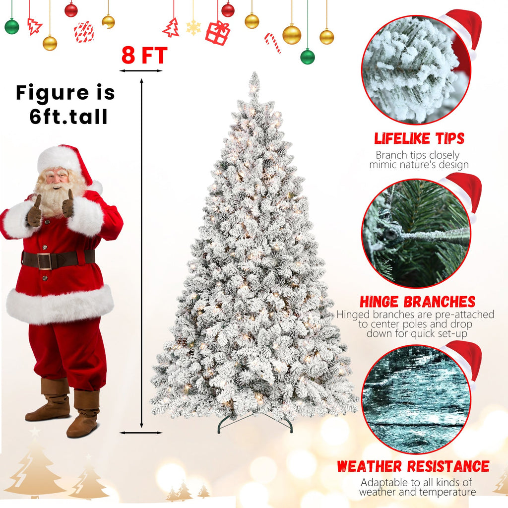 8ft Flocked Christmas Tree with 700 Warm White UL Lights & 54 Pine Cones – 1754 Snowy PVC Tips, Hinged Structure, and Metal Stand