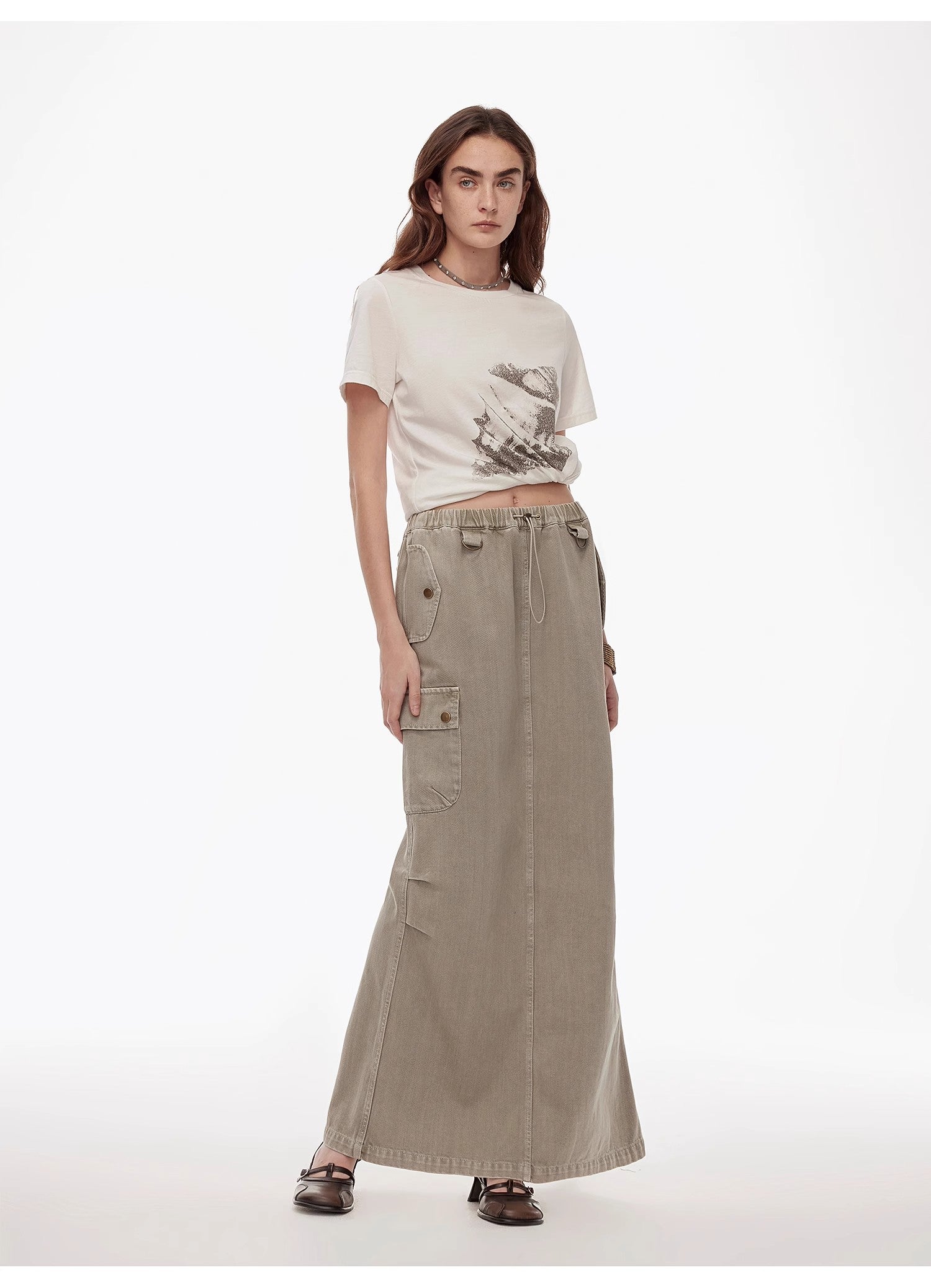 "Dune Fantasy" Drawstring Maxi Denim Skirt
