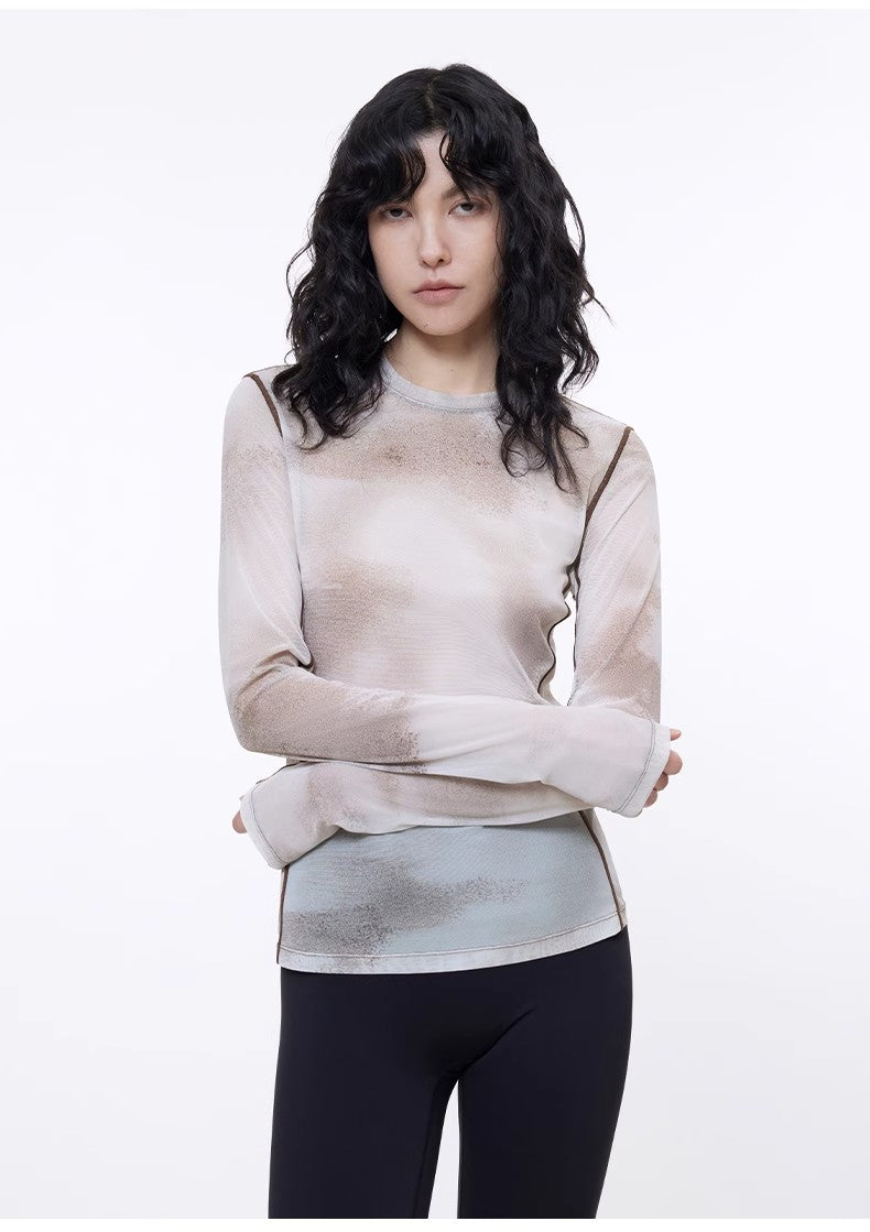 Smudge-Printed Mesh See-Through Long-Sleeved Shirt
