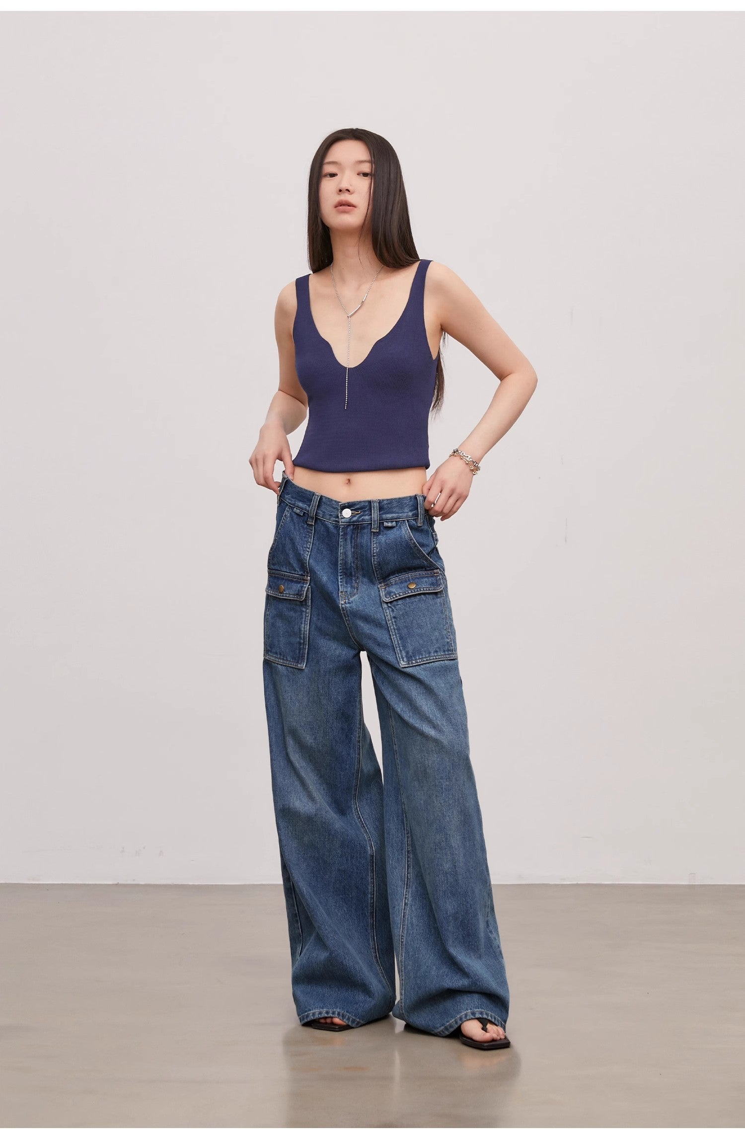 "Silent Deep Sea" Vintage Blue Straight-Leg Jeans