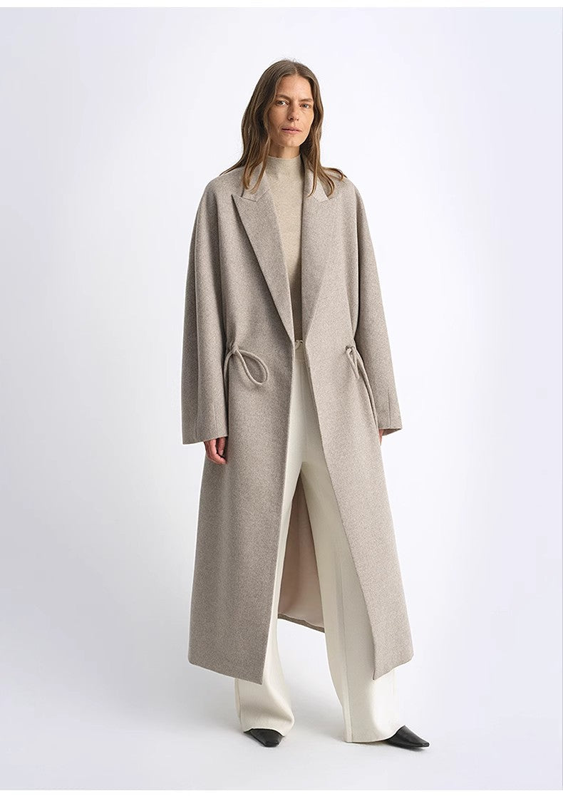 "Desert Heart" Women's Original Color Peaked Lapel Drawstring Mid-Length Wool Coat