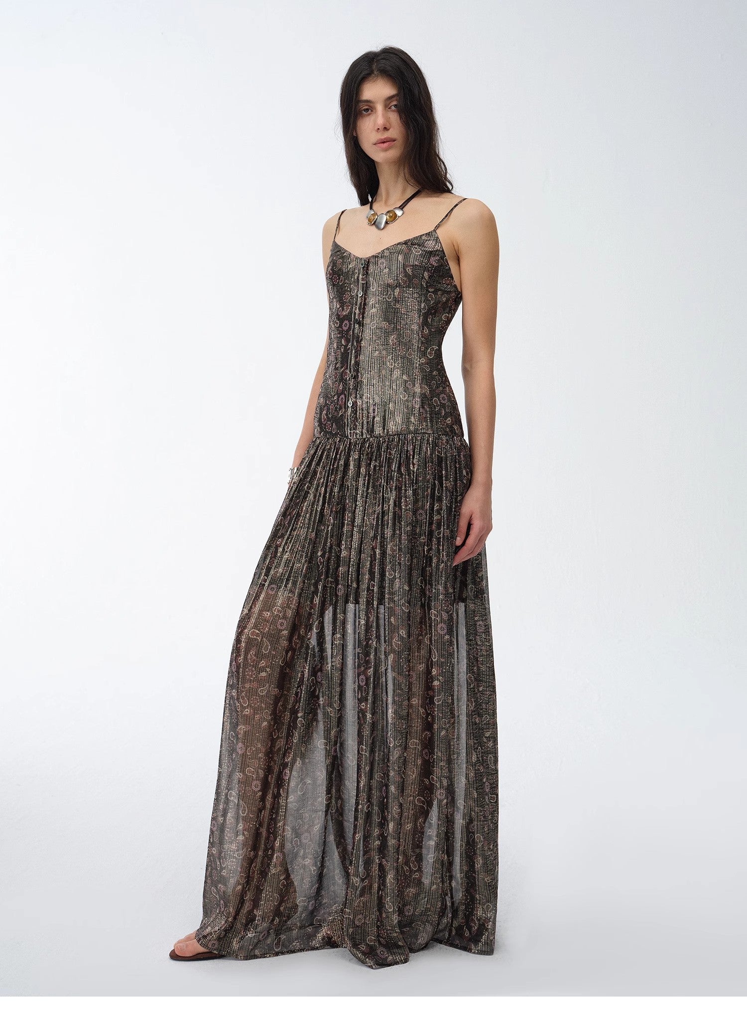 "Floating Lights" Paisley Print Silk Sling Dress