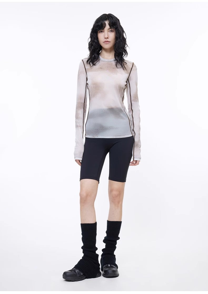 Smudge-Printed Mesh See-Through Long-Sleeved Shirt