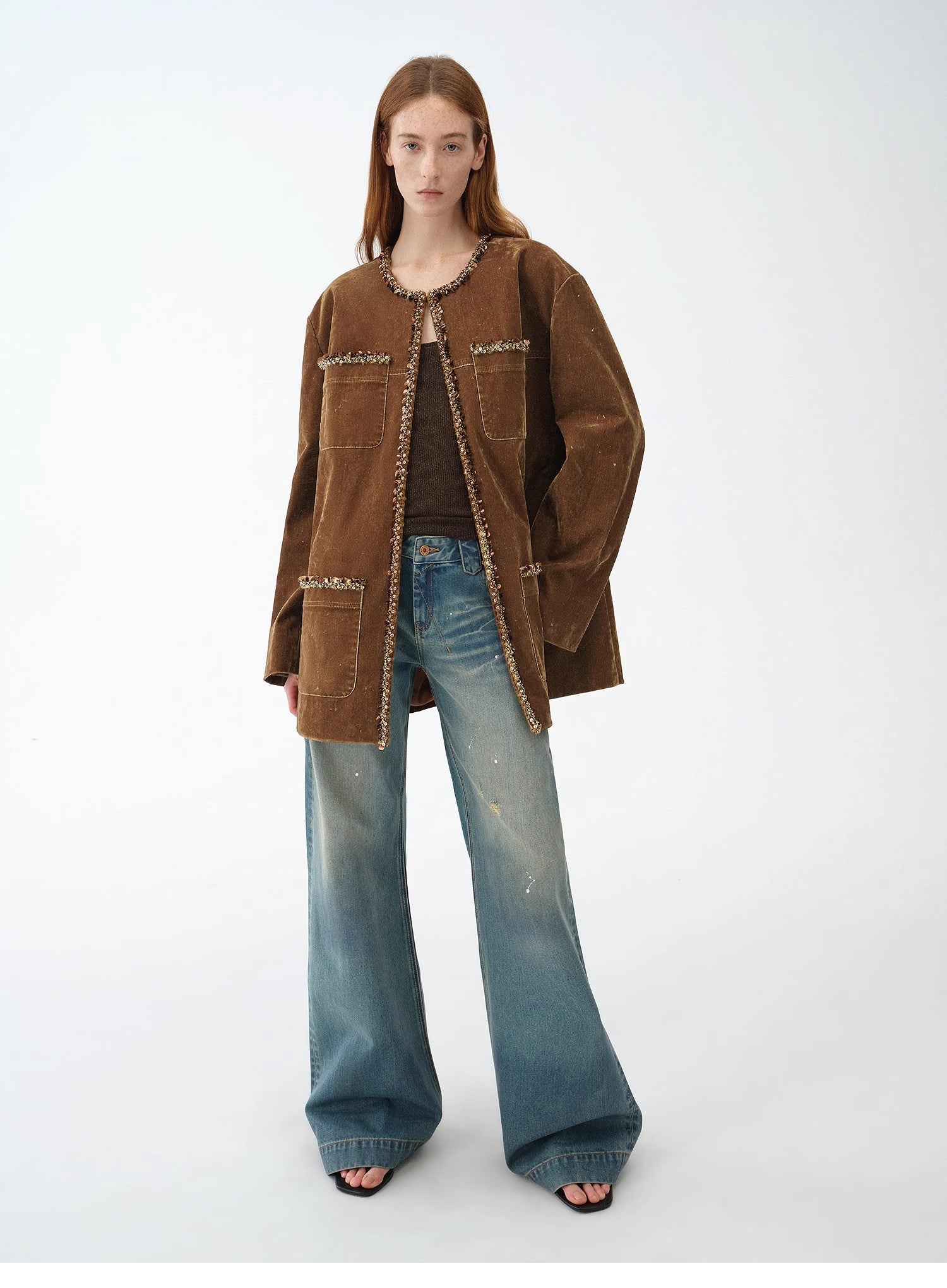 "Fragrant Encounter" Distressed Flocked Denim Jacket
