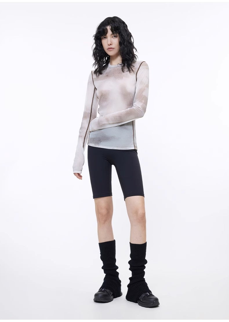 Smudge-Printed Mesh See-Through Long-Sleeved Shirt