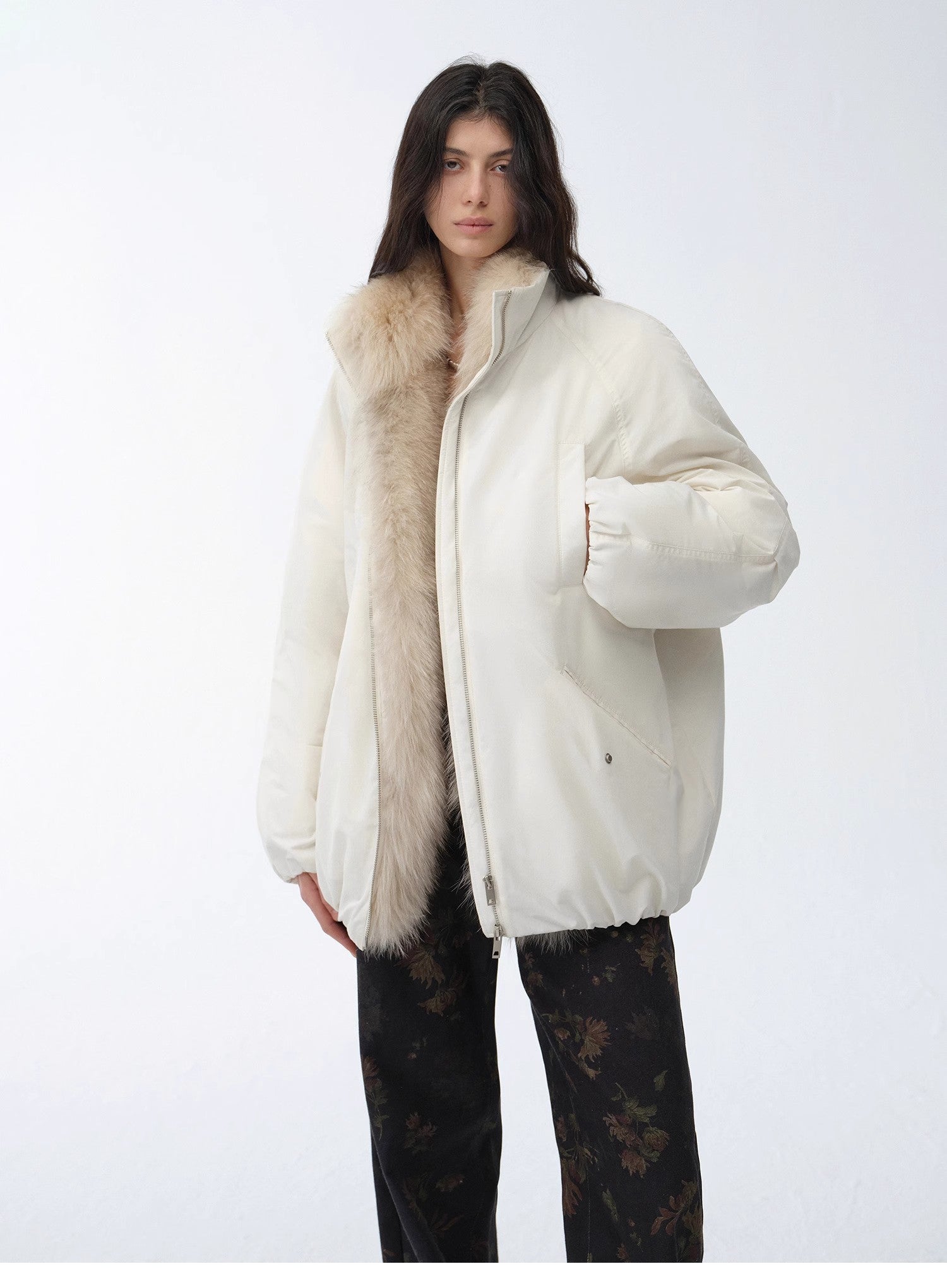 "Warm Dialogue" Two-Tone Fox Fur Collar Detachable Mid-Length Down Parka