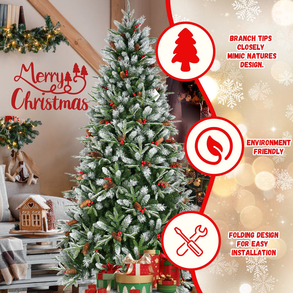 7ft Snow-Dusted Christmas Tree with Red Berries & Pine Cones – 2178 PE+PVC Tips, Hinged Design, and Metal Stand