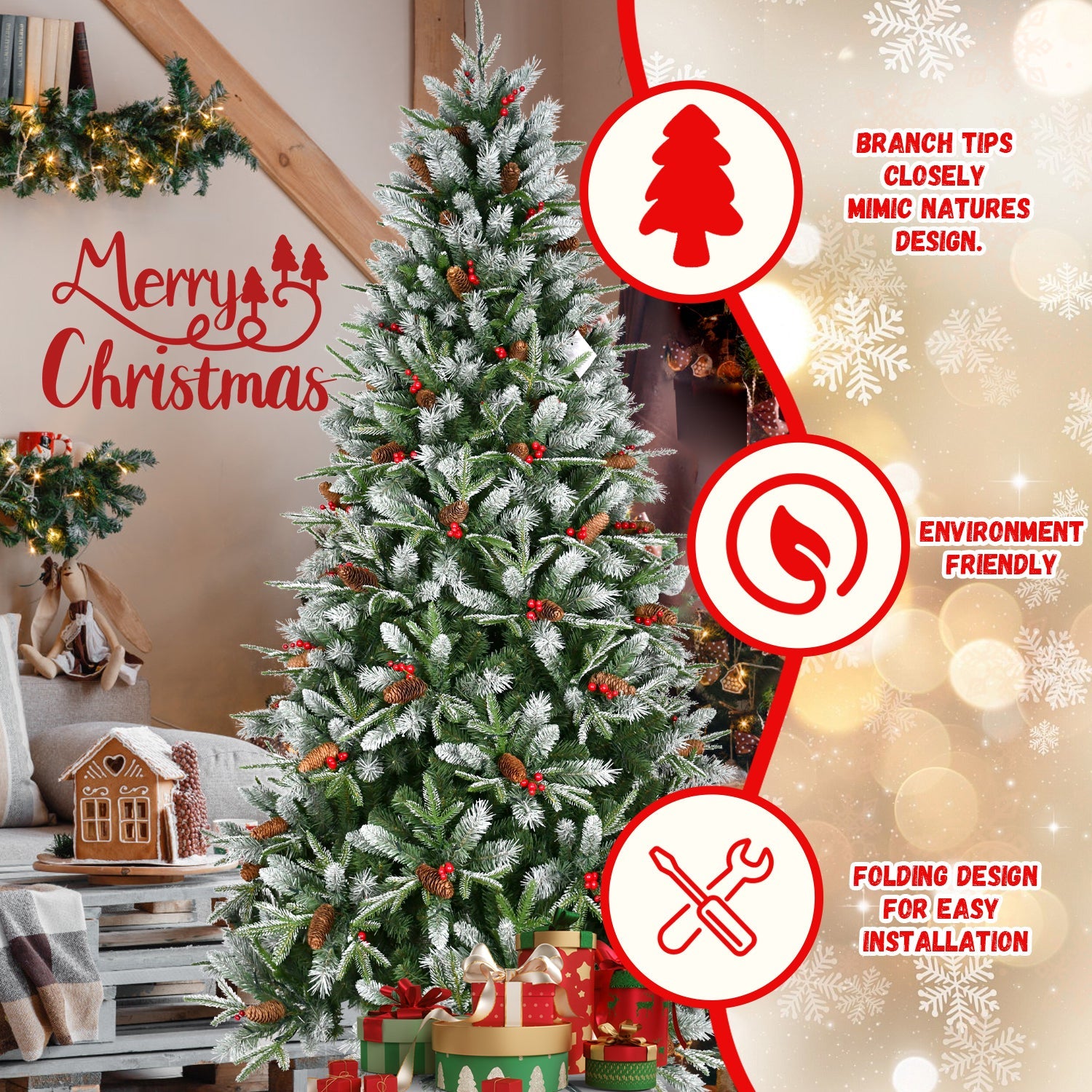 7ft Snow-Dusted Christmas Tree with Red Berries & Pine Cones – 2178 PE+PVC Tips, Hinged Design, and Metal Stand