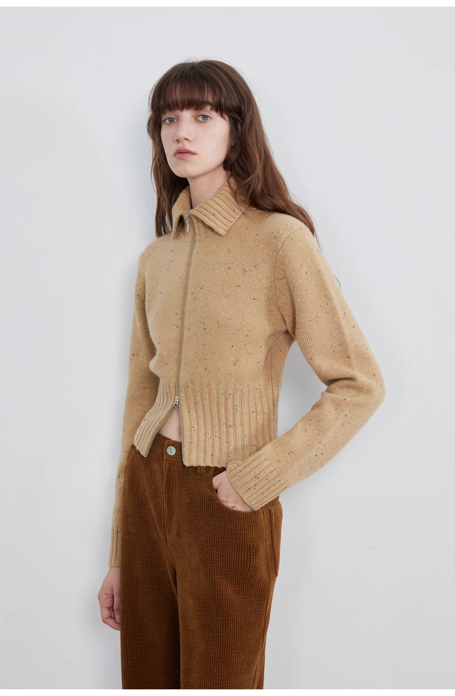 "Autumn Breeze Tea" Colorful Dotted Wool-Blend Double-Zip Knitted Sweater