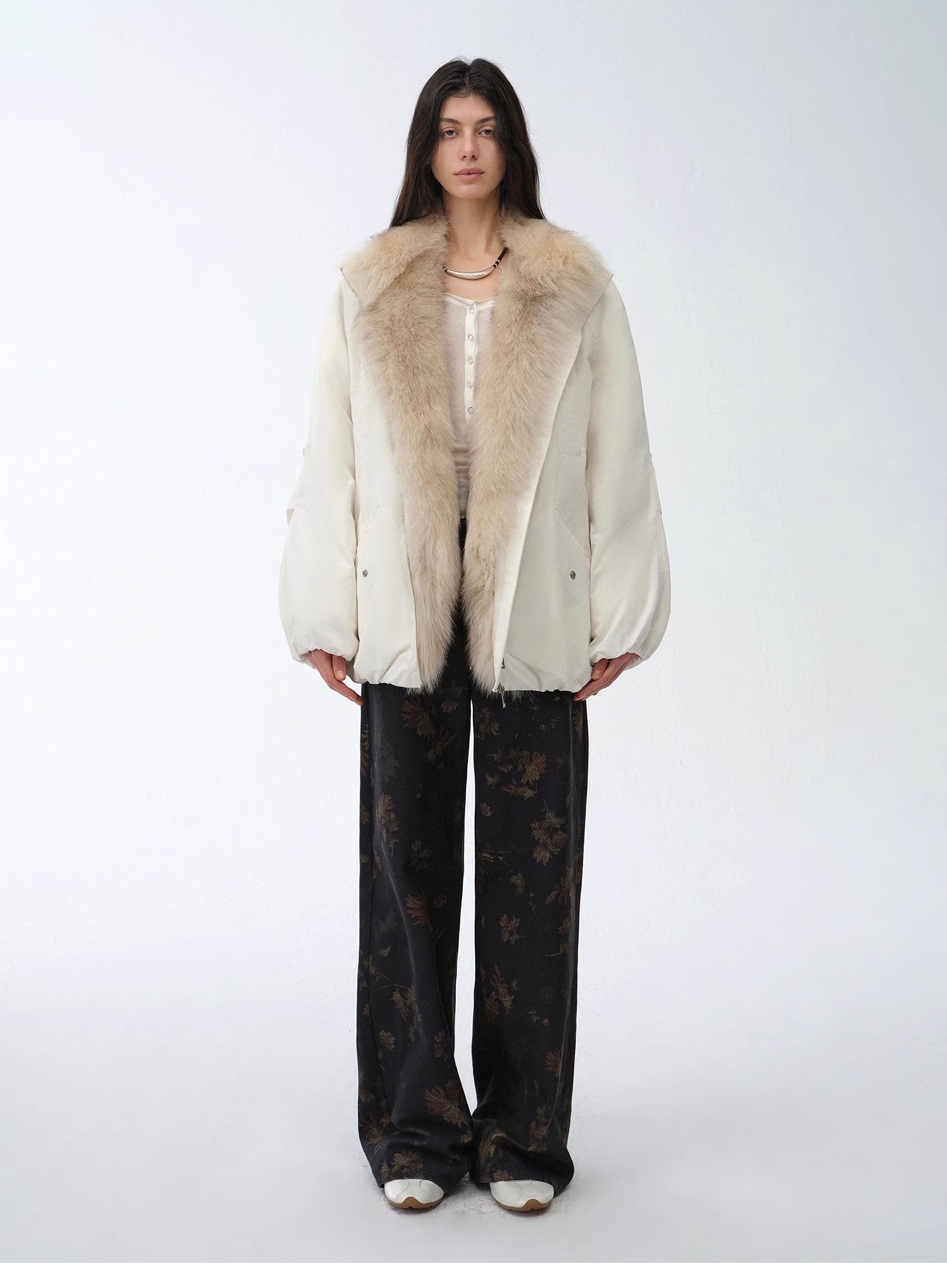 "Warm Dialogue" Two-Tone Fox Fur Collar Detachable Mid-Length Down Parka