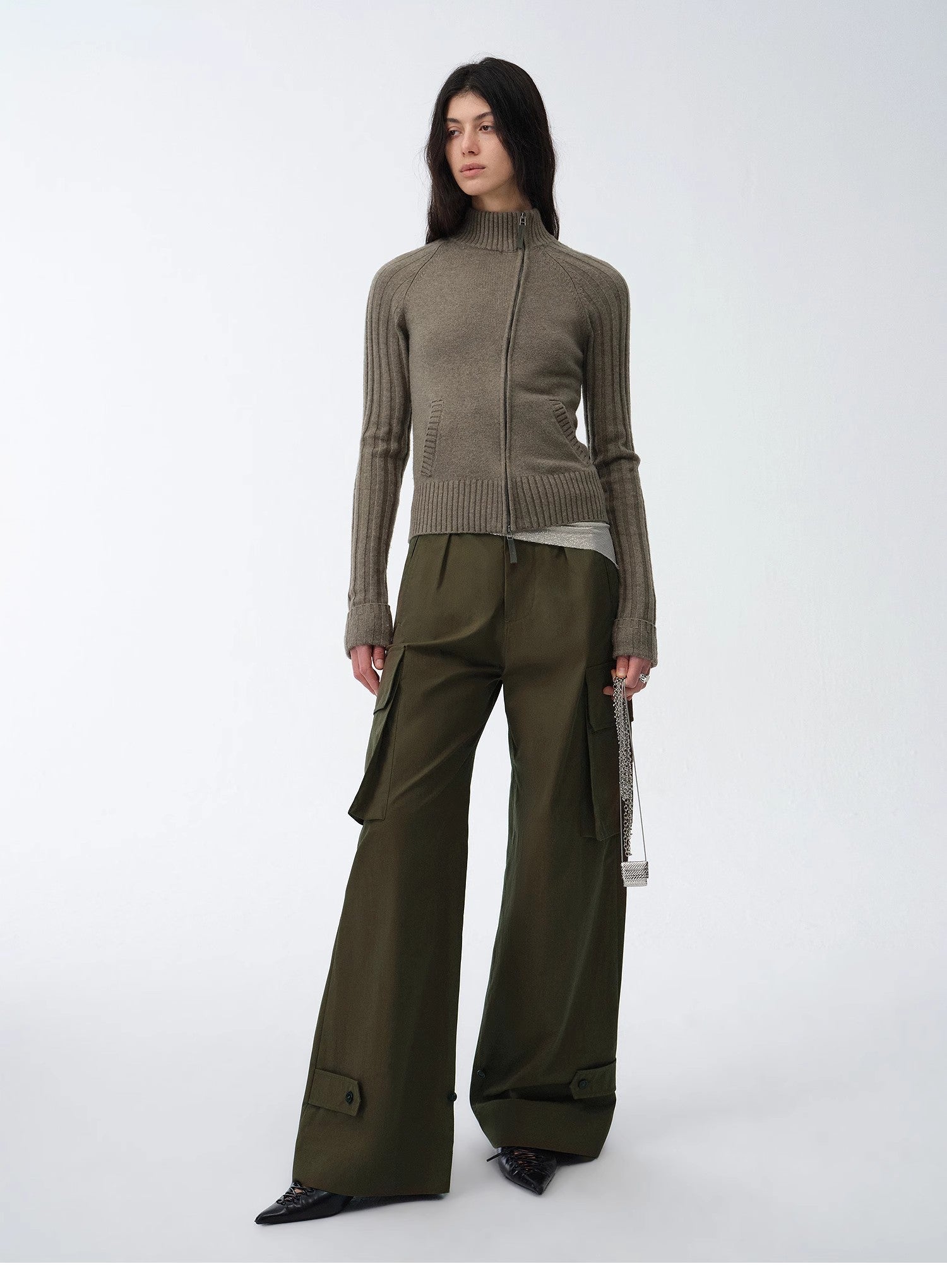 "Senna Melody" Fine Merino Wool and Cotton Blend Zipper Knitted Cardigan