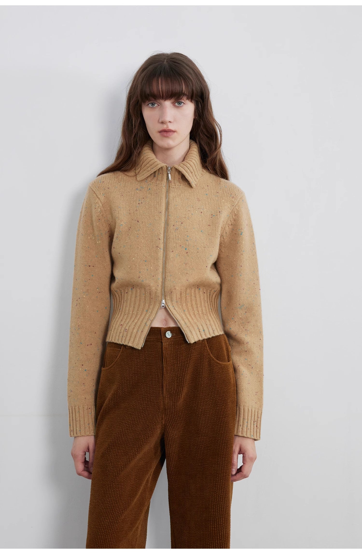 "Autumn Breeze Tea" Colorful Dotted Wool-Blend Double-Zip Knitted Sweater
