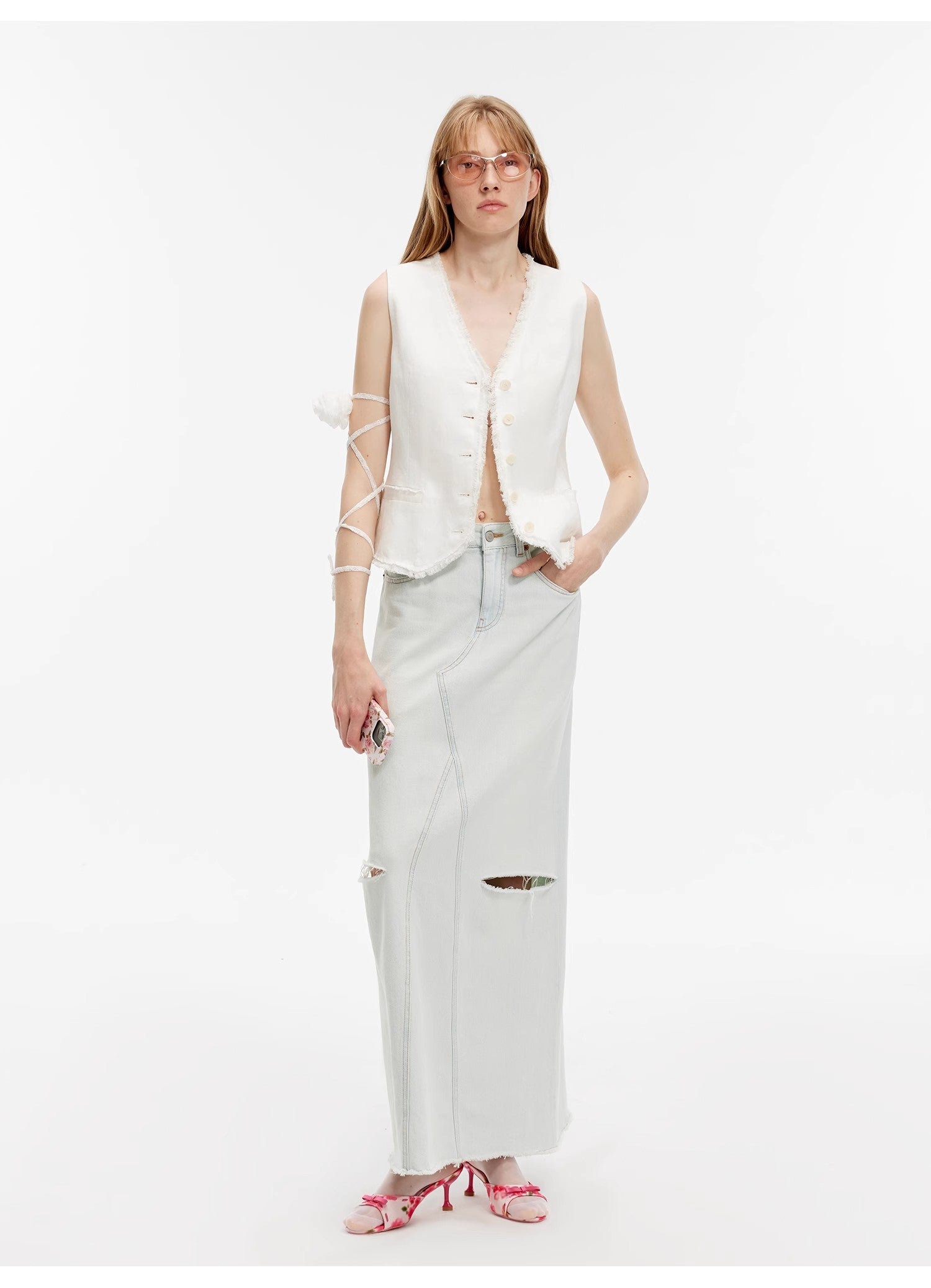 "Walden Pond" Wash-Faded Distressed Denim A-Line Skirt