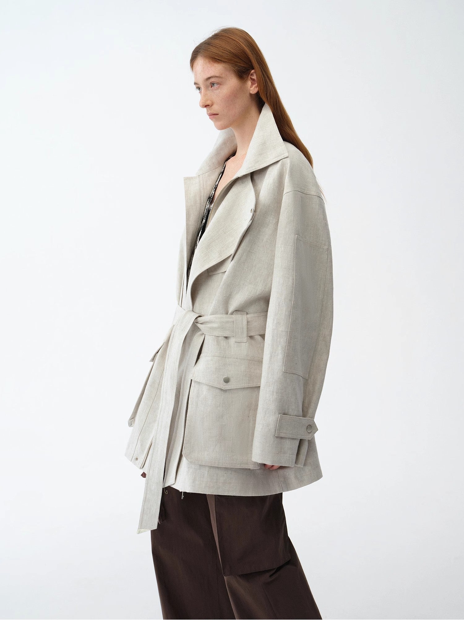 Gold Linen Blend Mid-Length Trench Coat