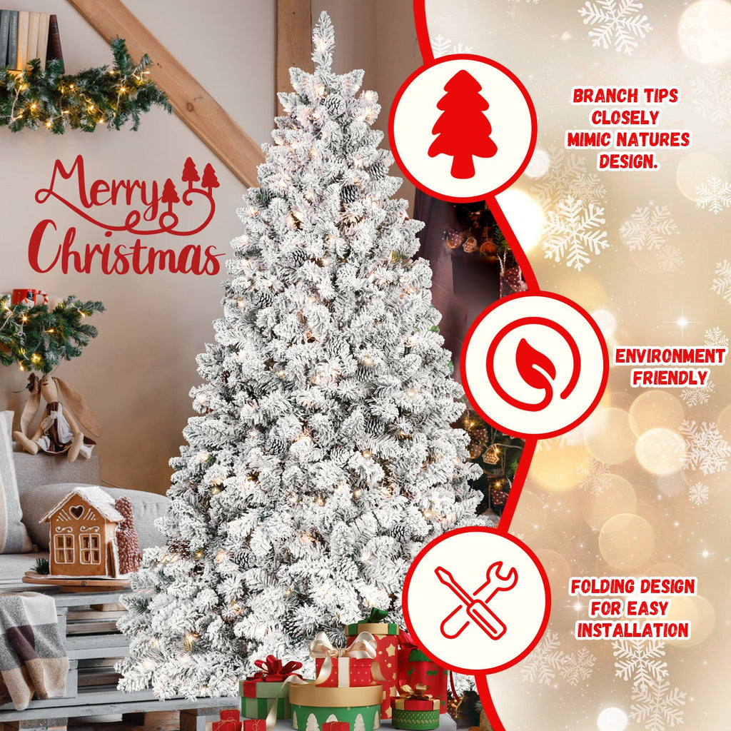 8ft Flocked Christmas Tree with 700 Warm White UL Lights & 54 Pine Cones – 1754 Snowy PVC Tips, Hinged Structure, and Metal Stand