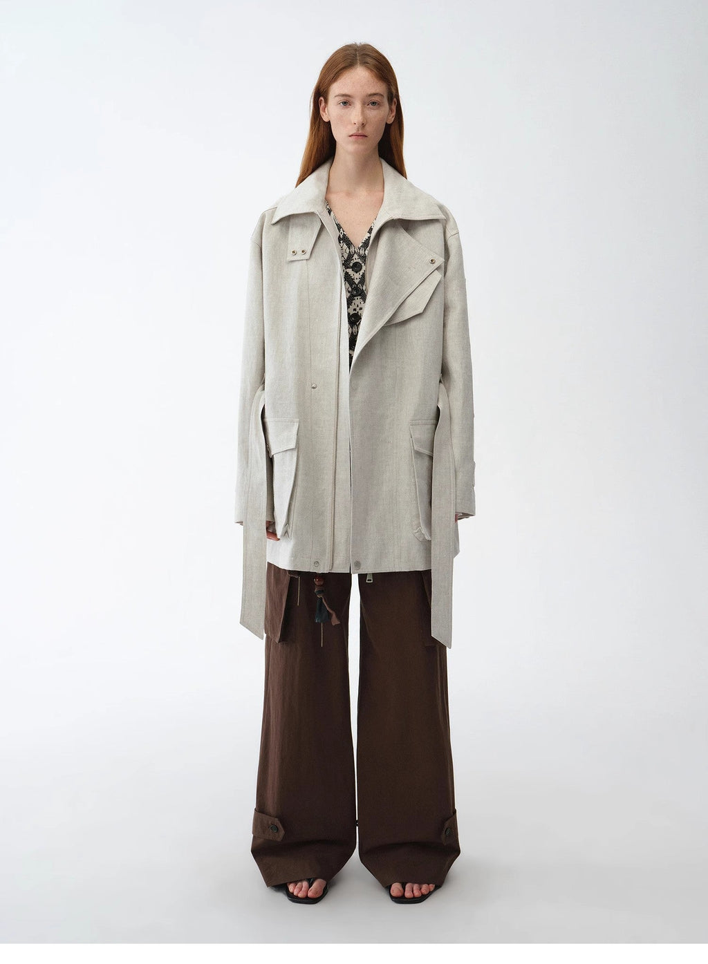 Gold Linen Blend Mid-Length Trench Coat