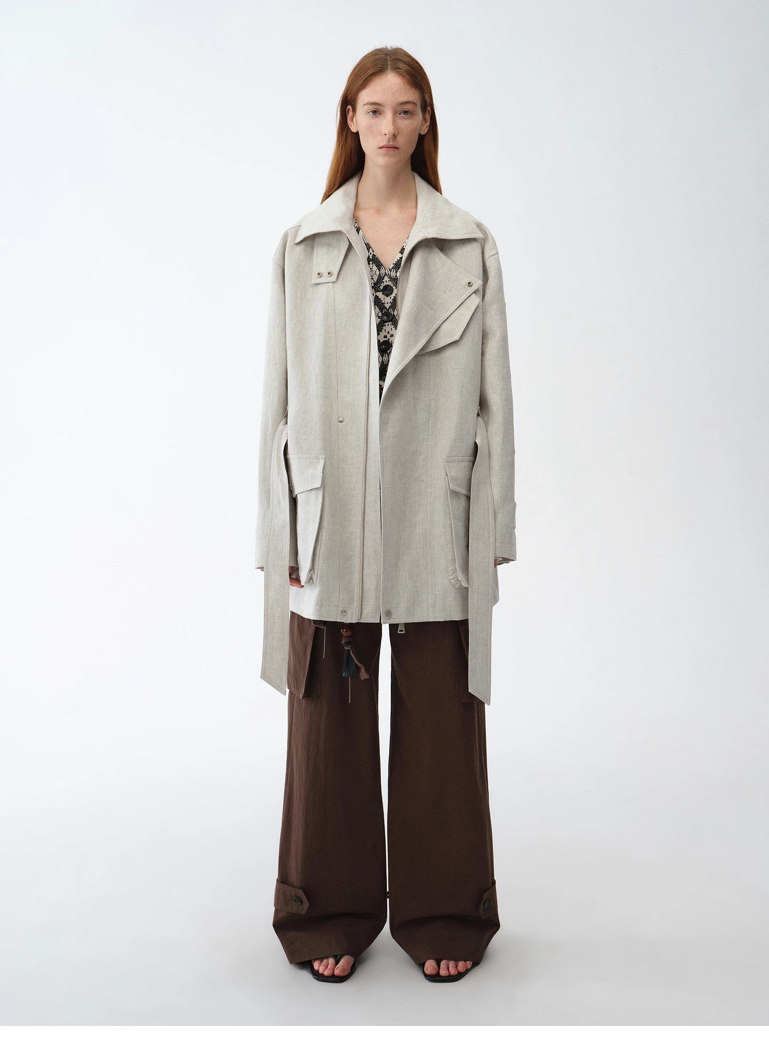 Gold Linen Blend Mid-Length Trench Coat