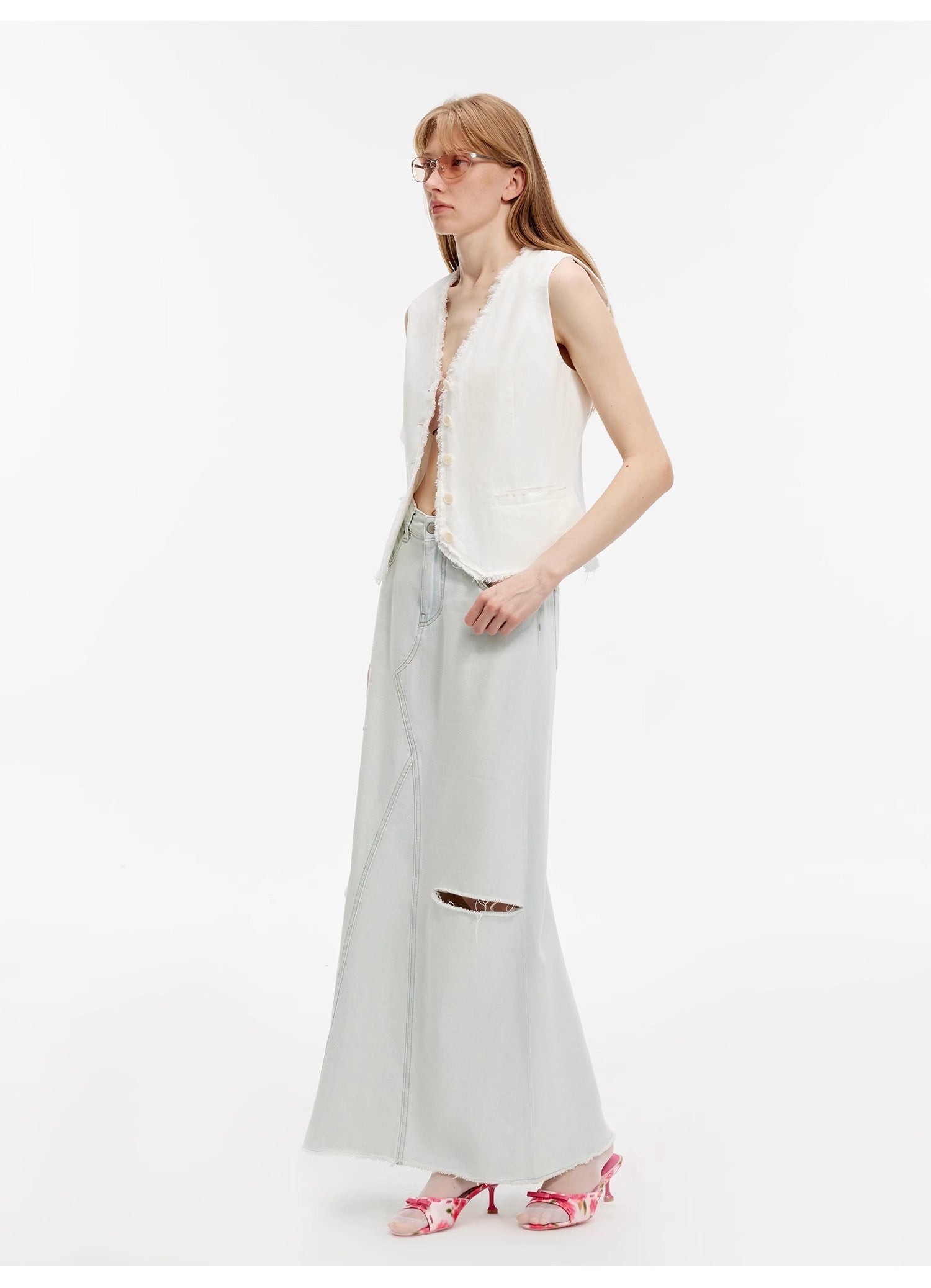 "Walden Pond" Wash-Faded Distressed Denim A-Line Skirt