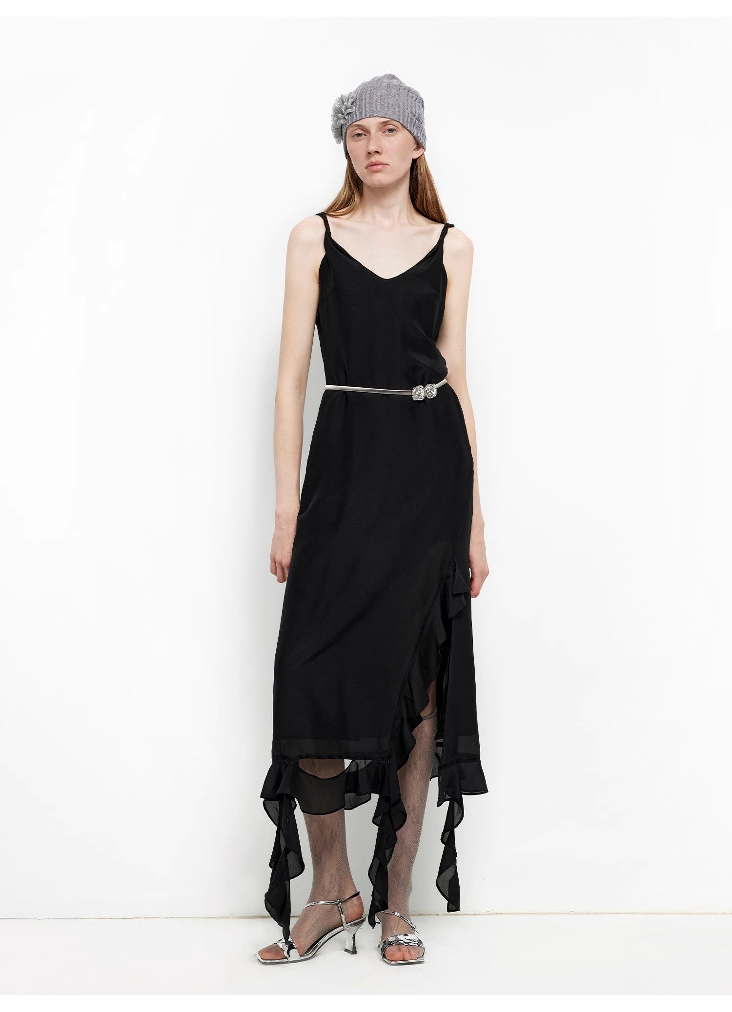 Mulberry Silk V-Neck Ruffled Draped Twist Strap Dress