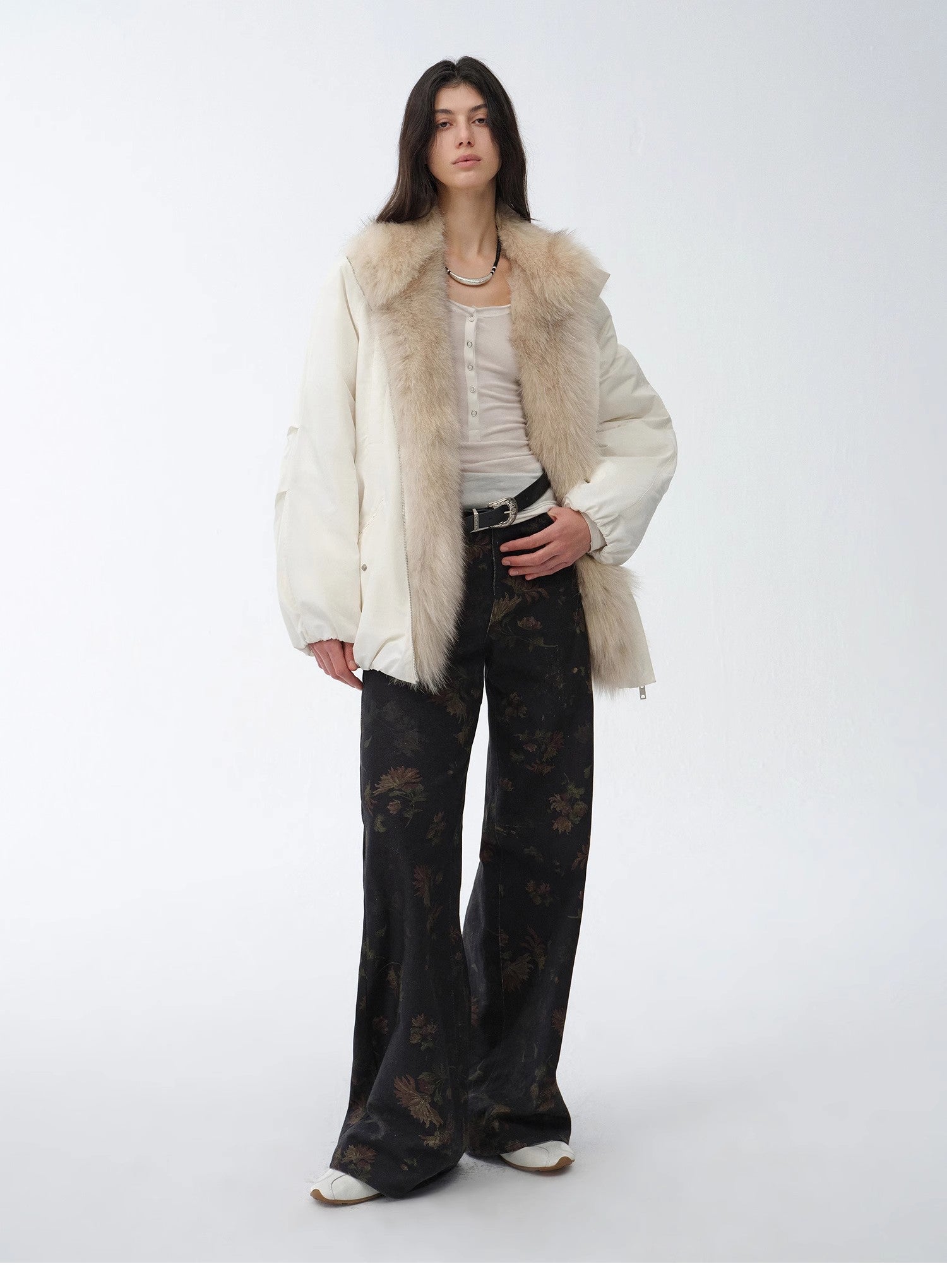 "Warm Dialogue" Two-Tone Fox Fur Collar Detachable Mid-Length Down Parka