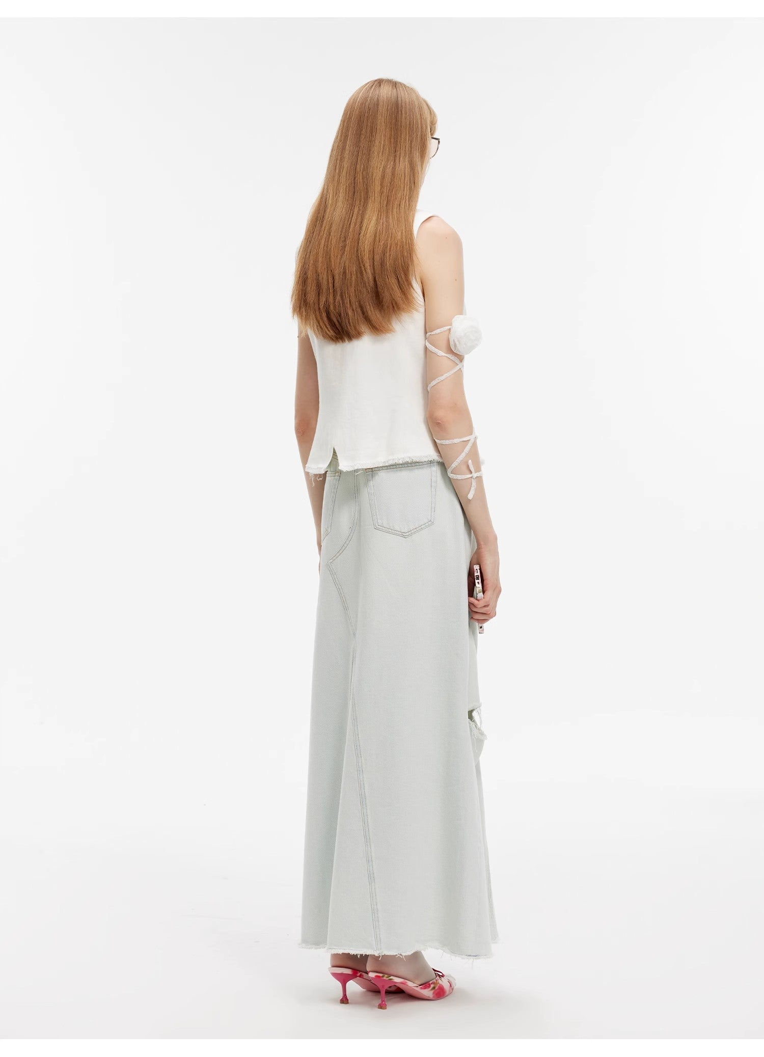 "Walden Pond" Wash-Faded Distressed Denim A-Line Skirt