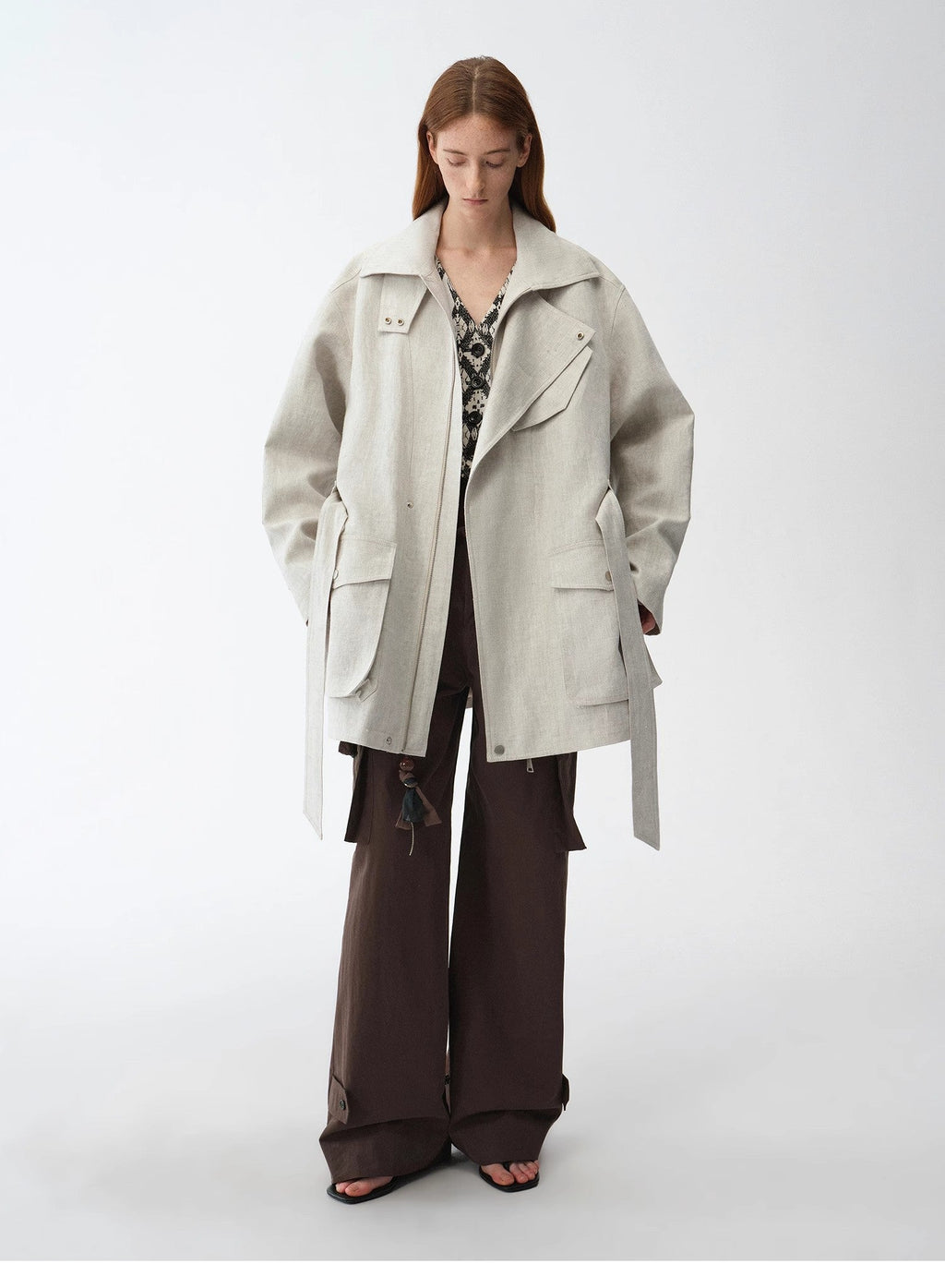 Gold Linen Blend Mid-Length Trench Coat