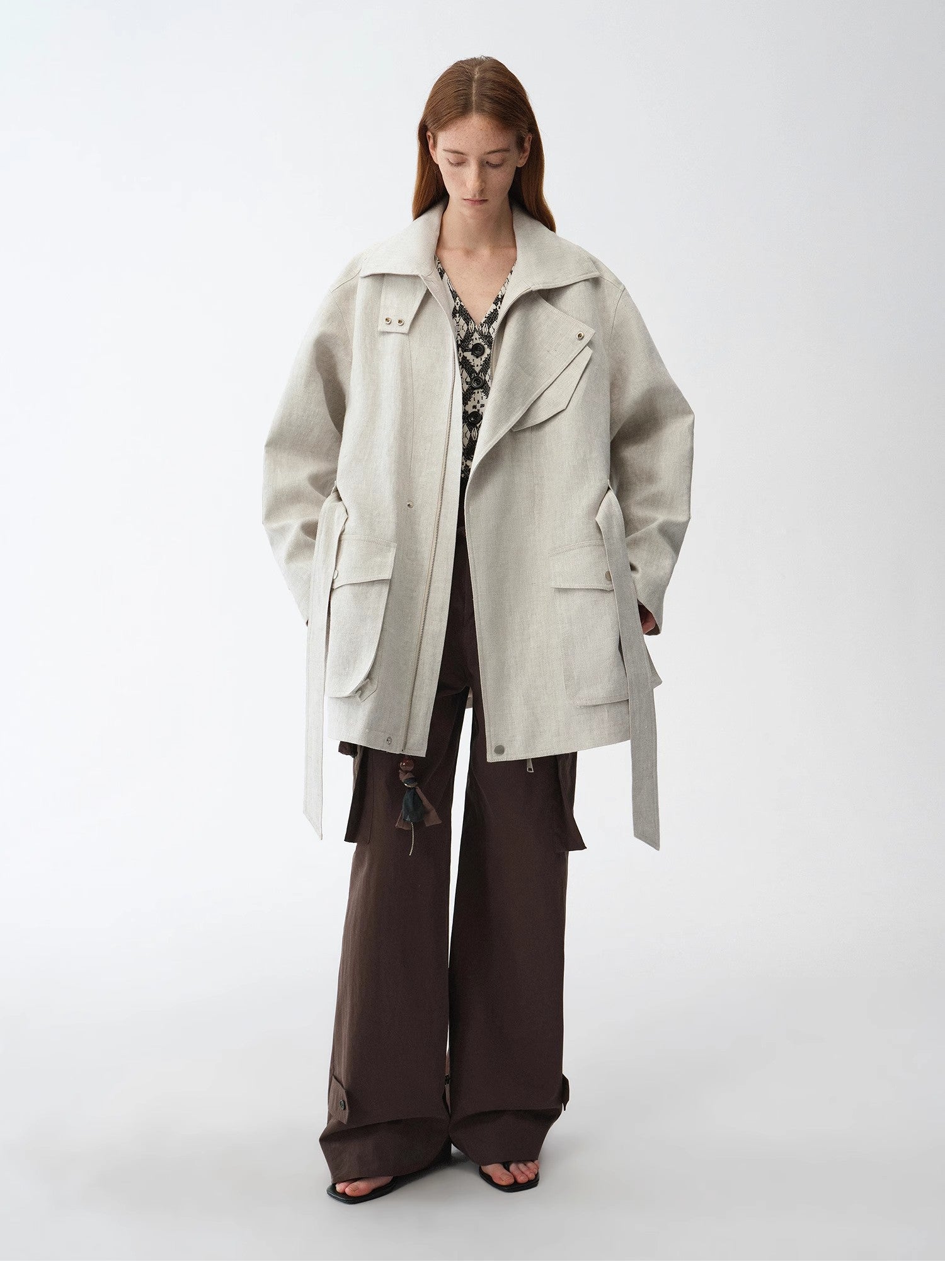 Gold Linen Blend Mid-Length Trench Coat