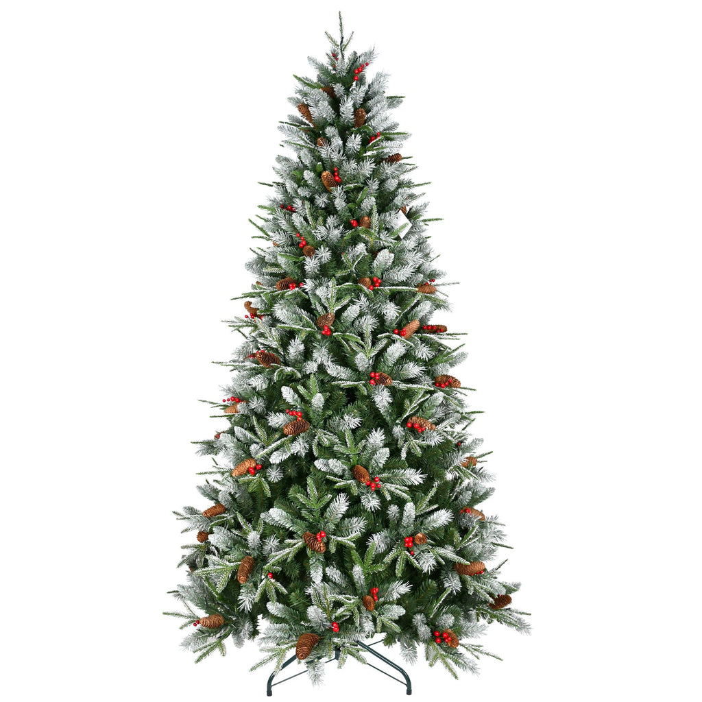 7ft Snow-Dusted Christmas Tree with Red Berries & Pine Cones – 2178 PE+PVC Tips, Hinged Design, and Metal Stand