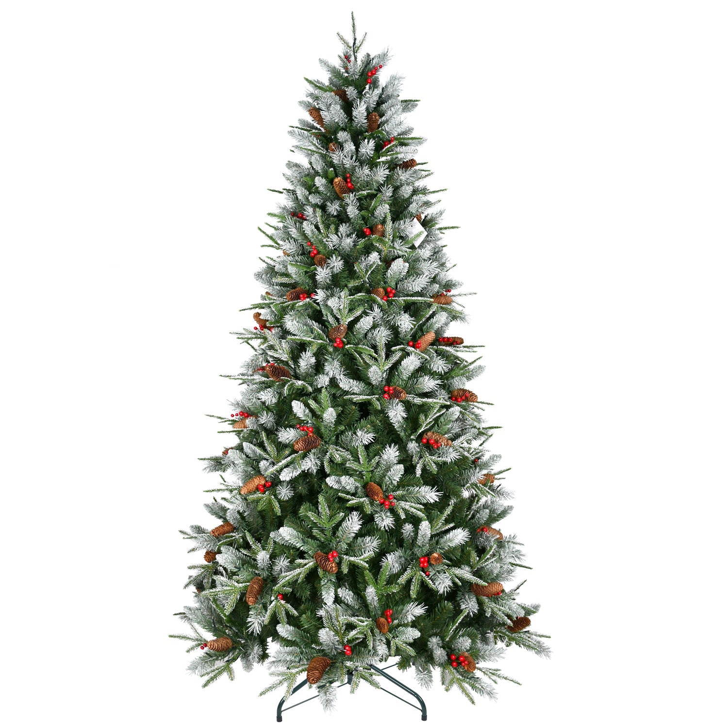 7ft Snow-Dusted Christmas Tree with Red Berries & Pine Cones – 2178 PE+PVC Tips, Hinged Design, and Metal Stand