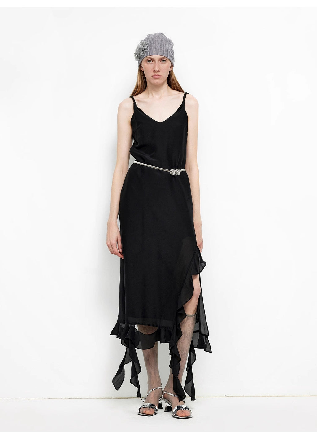 Mulberry Silk V-Neck Ruffled Draped Twist Strap Dress