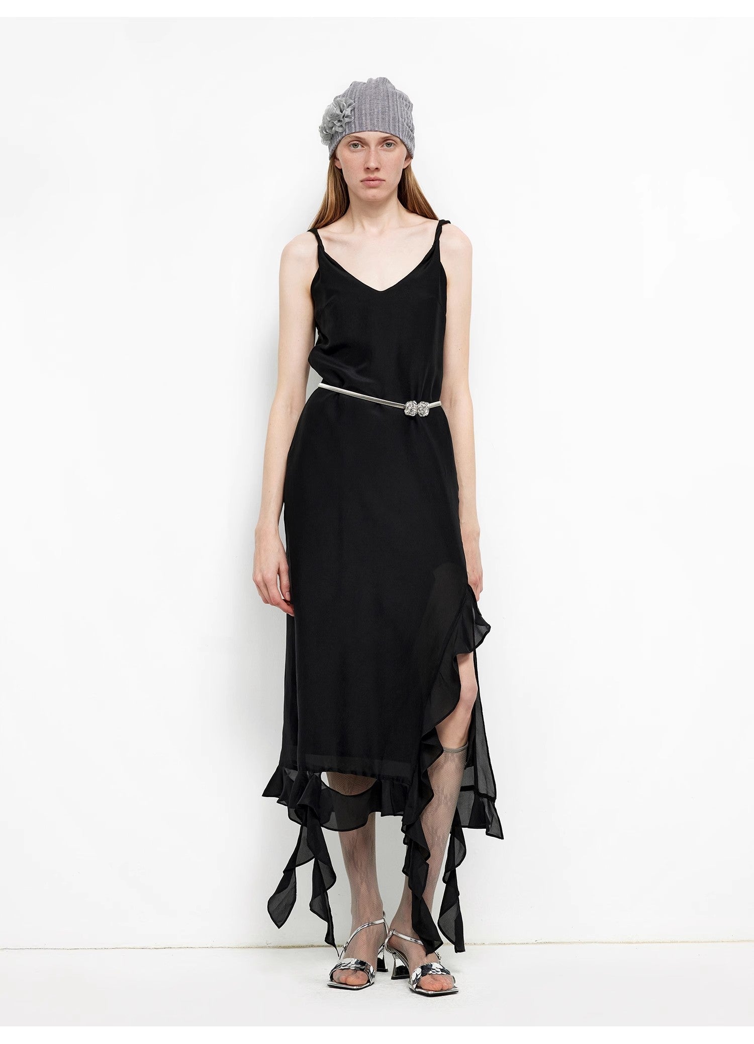 Mulberry Silk V-Neck Ruffled Draped Twist Strap Dress