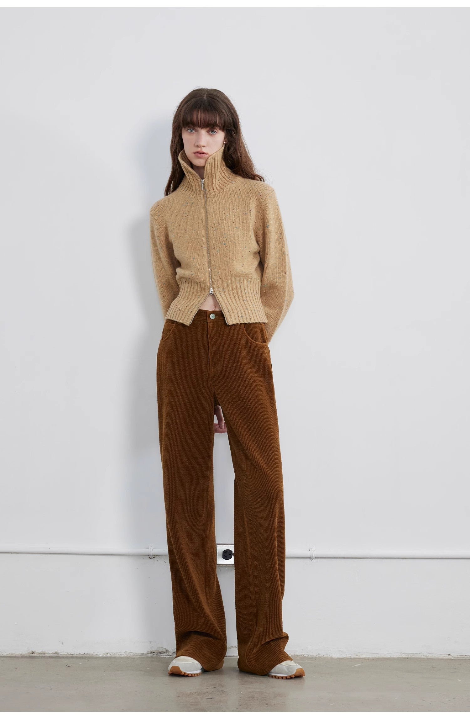 "Autumn Breeze Tea" Colorful Dotted Wool-Blend Double-Zip Knitted Sweater