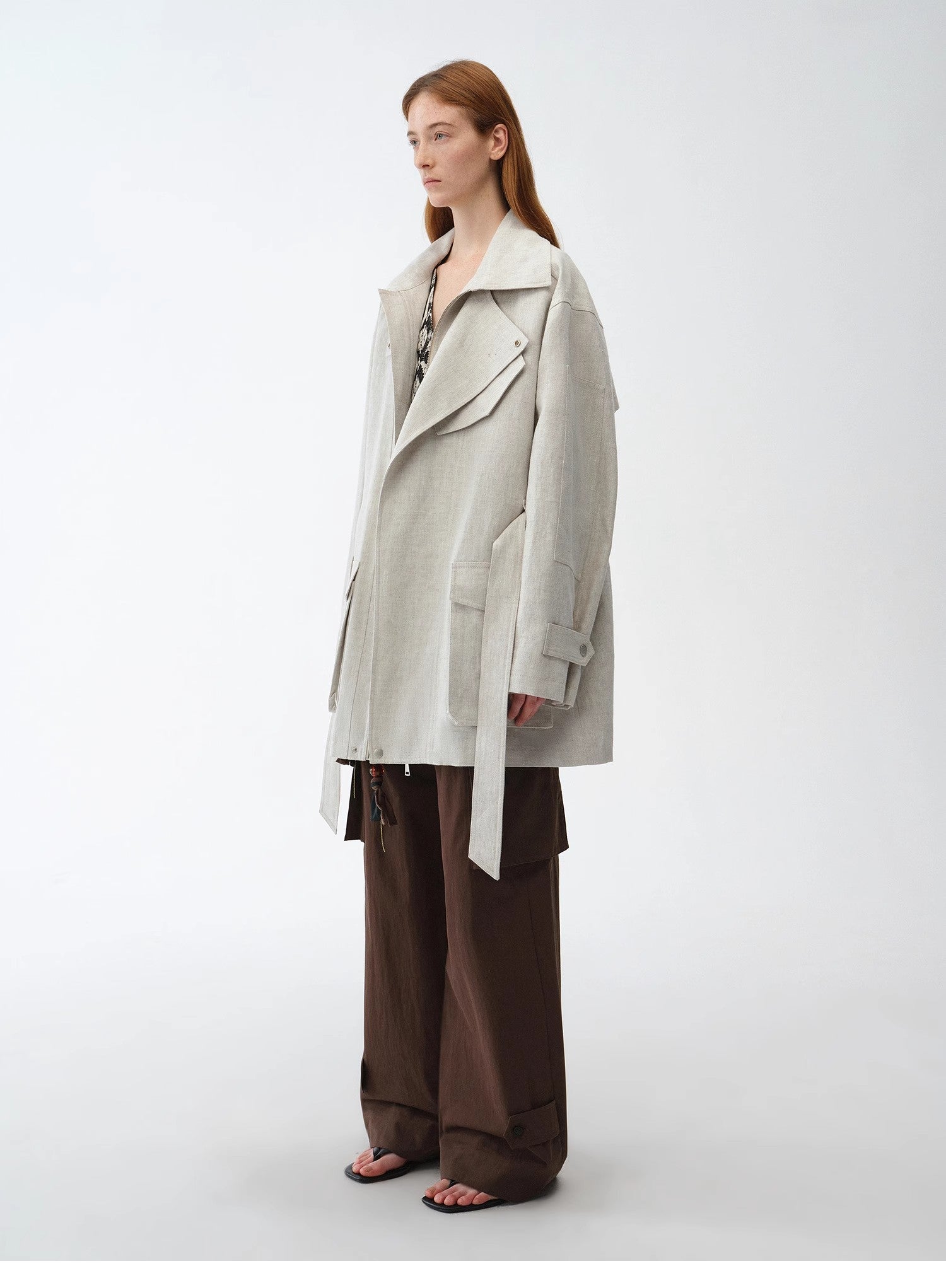 Gold Linen Blend Mid-Length Trench Coat