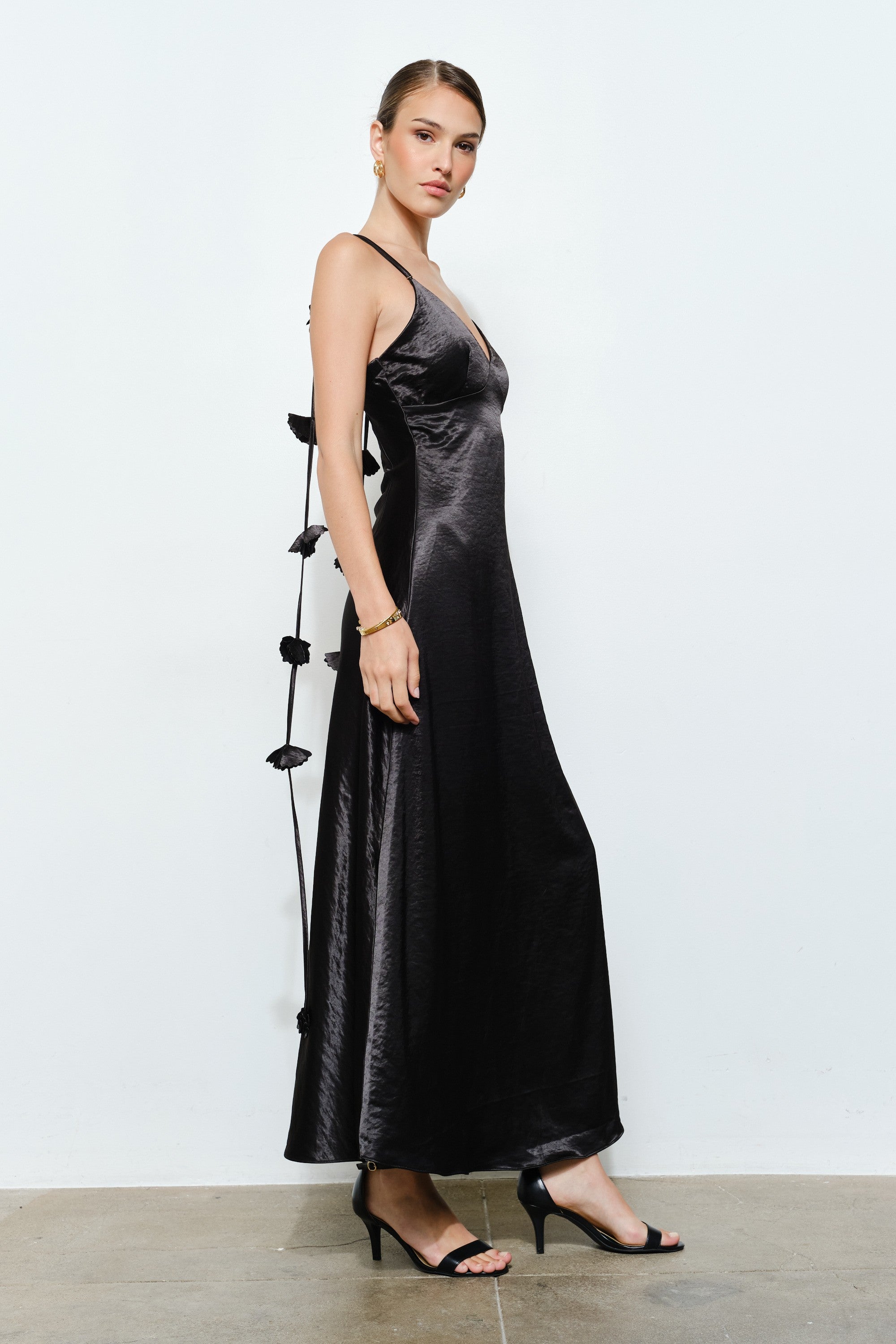 3D Satin Flower Draped Back Maxi Dress