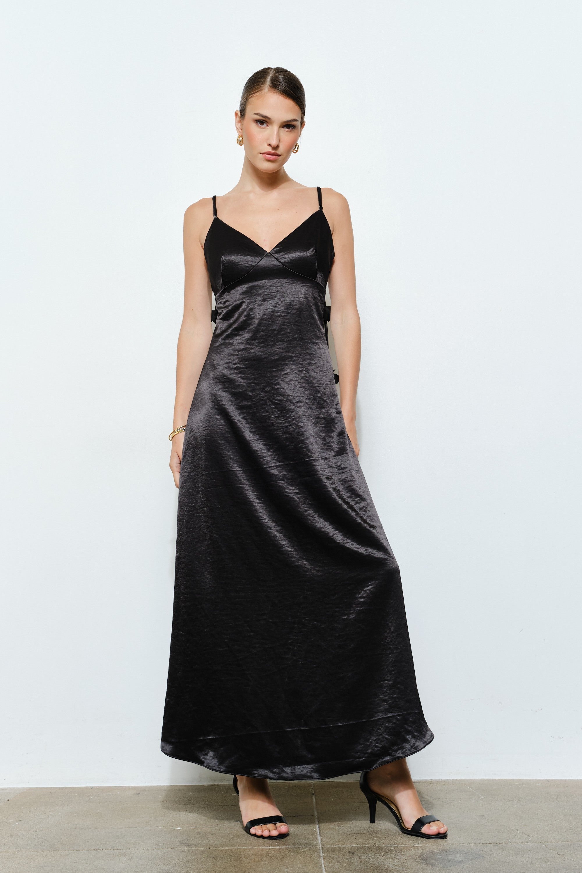 3D Satin Flower Draped Back Maxi Dress