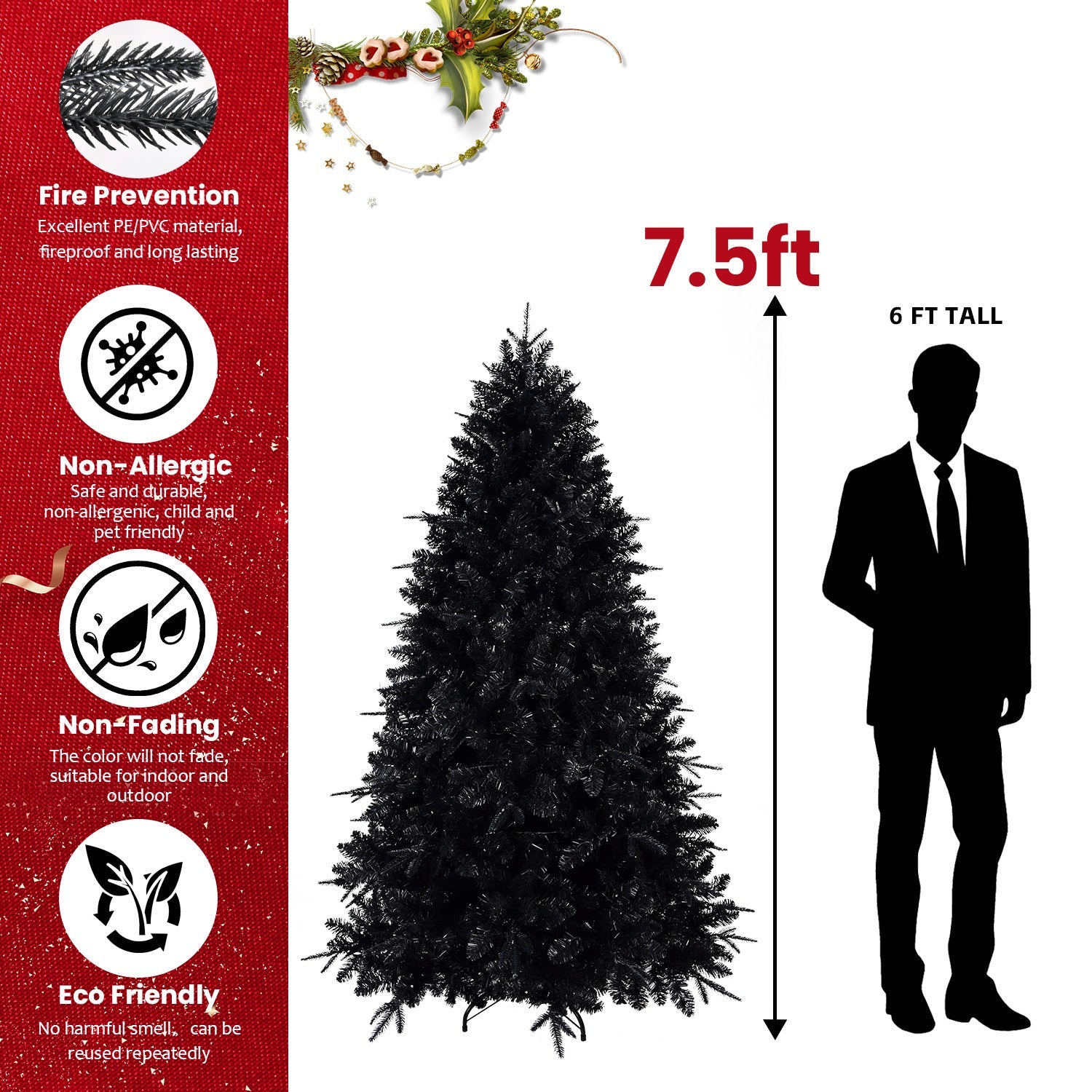 7.5ft Black Artificial Christmas Tree with 500 White LED Lights – 2156 PE+PVC Tips, Modern Hinged Design & Durable Metal Stand