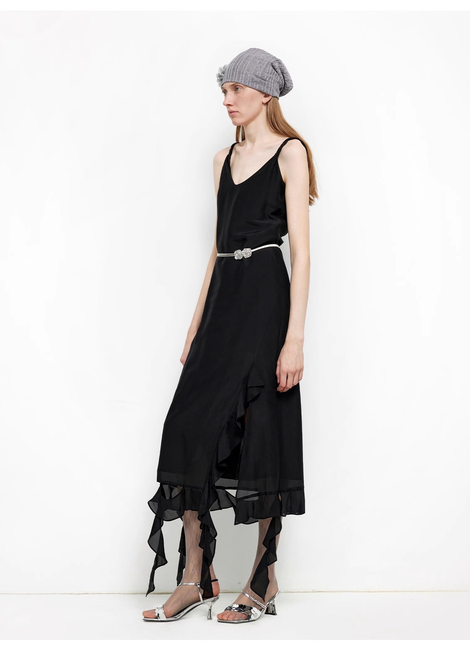 Mulberry Silk V-Neck Ruffled Draped Twist Strap Dress