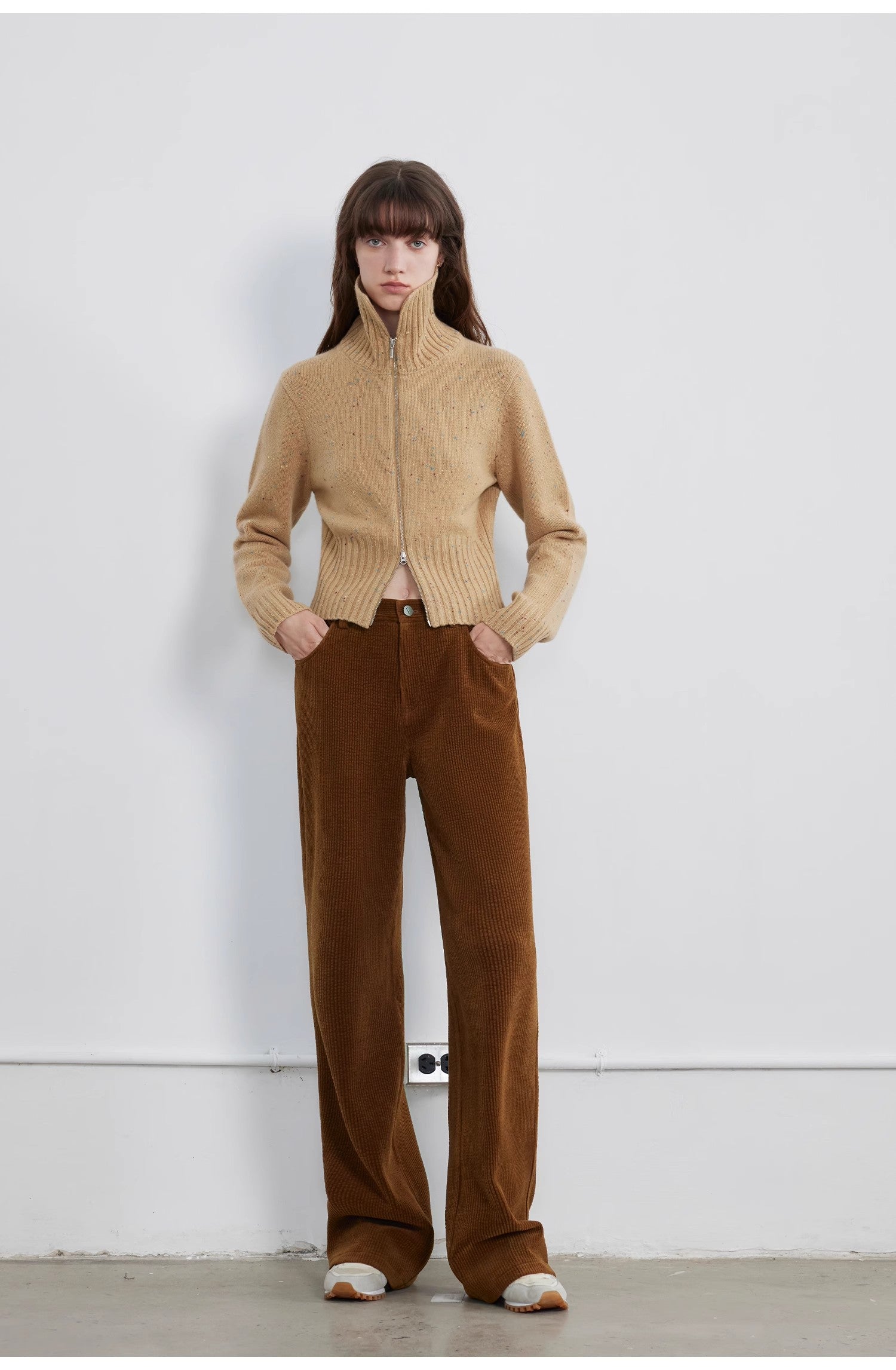 "Autumn Breeze Tea" Colorful Dotted Wool-Blend Double-Zip Knitted Sweater